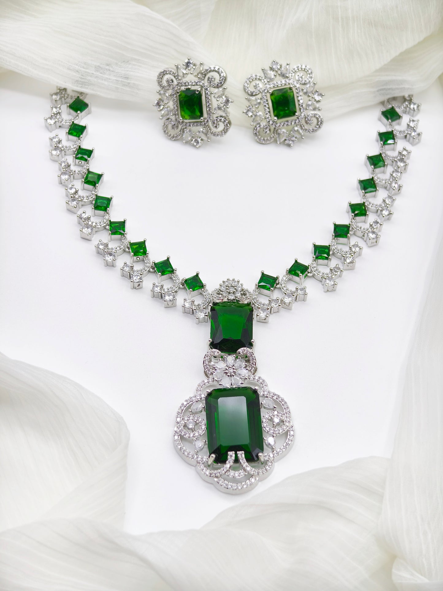 Green & White Stone American Diamond Necklace