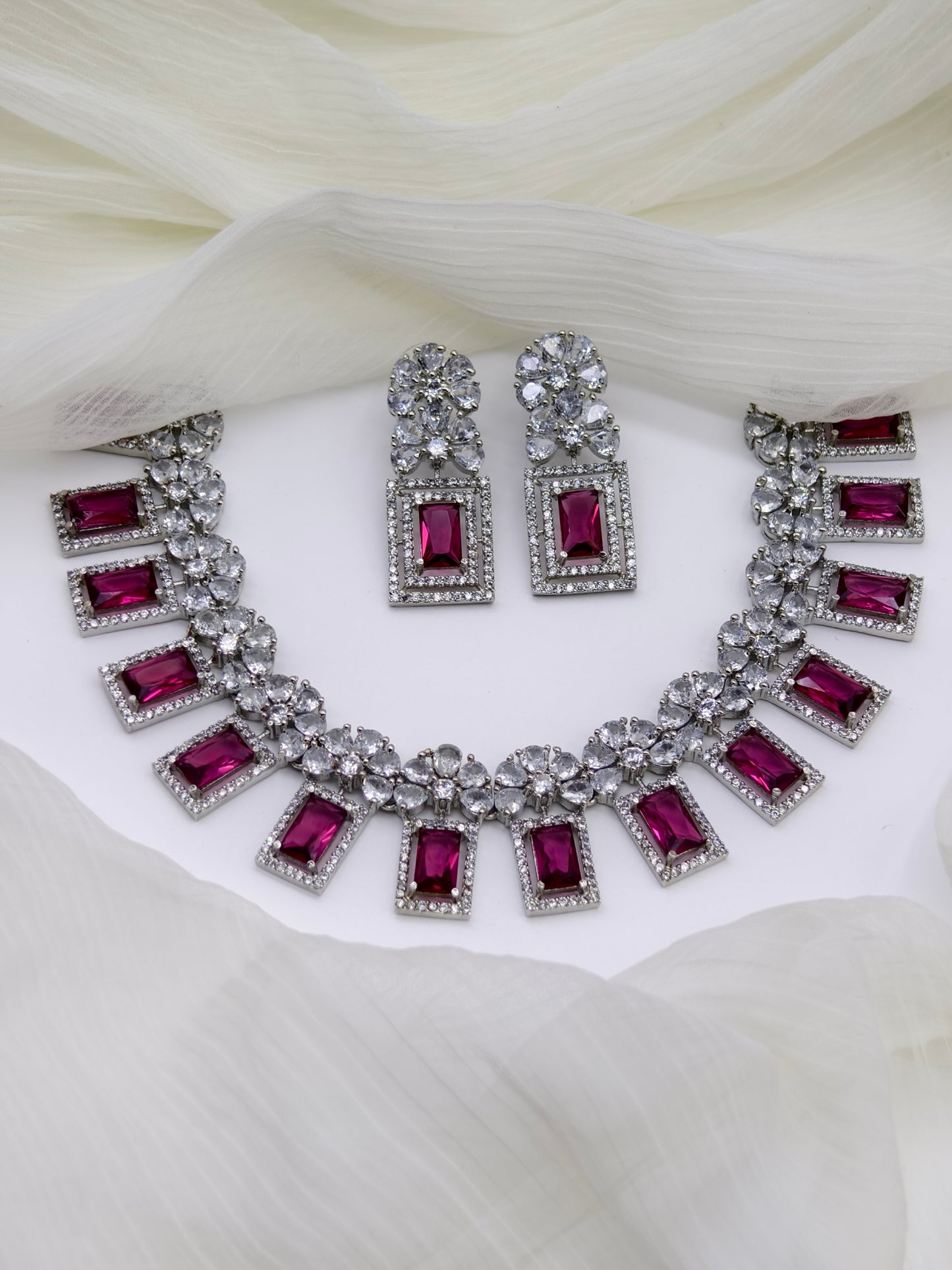 Rani Pink & White Stone American Diamond Necklace
