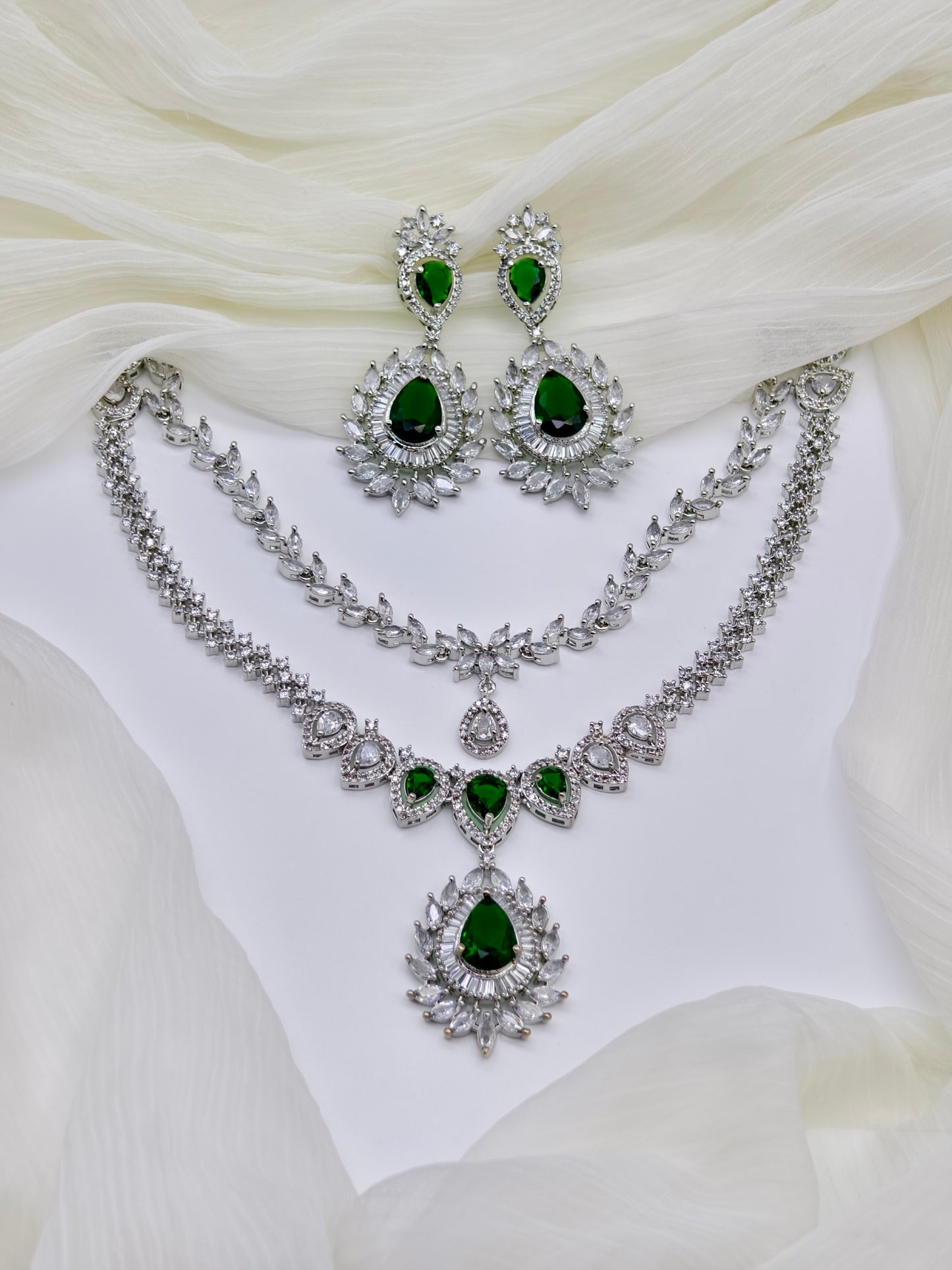 Green & White Stone American Diamond Necklace