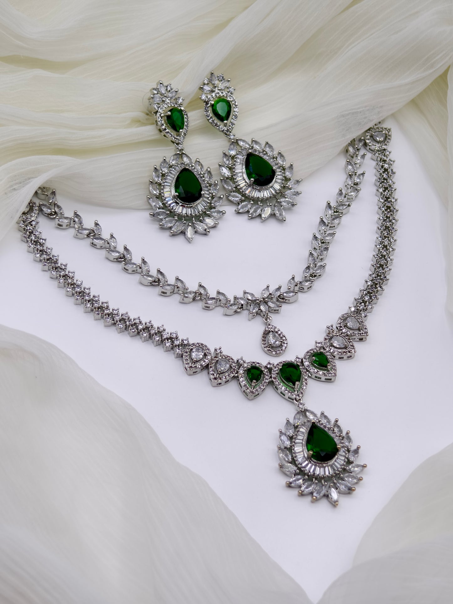 Green & White Stone American Diamond Necklace