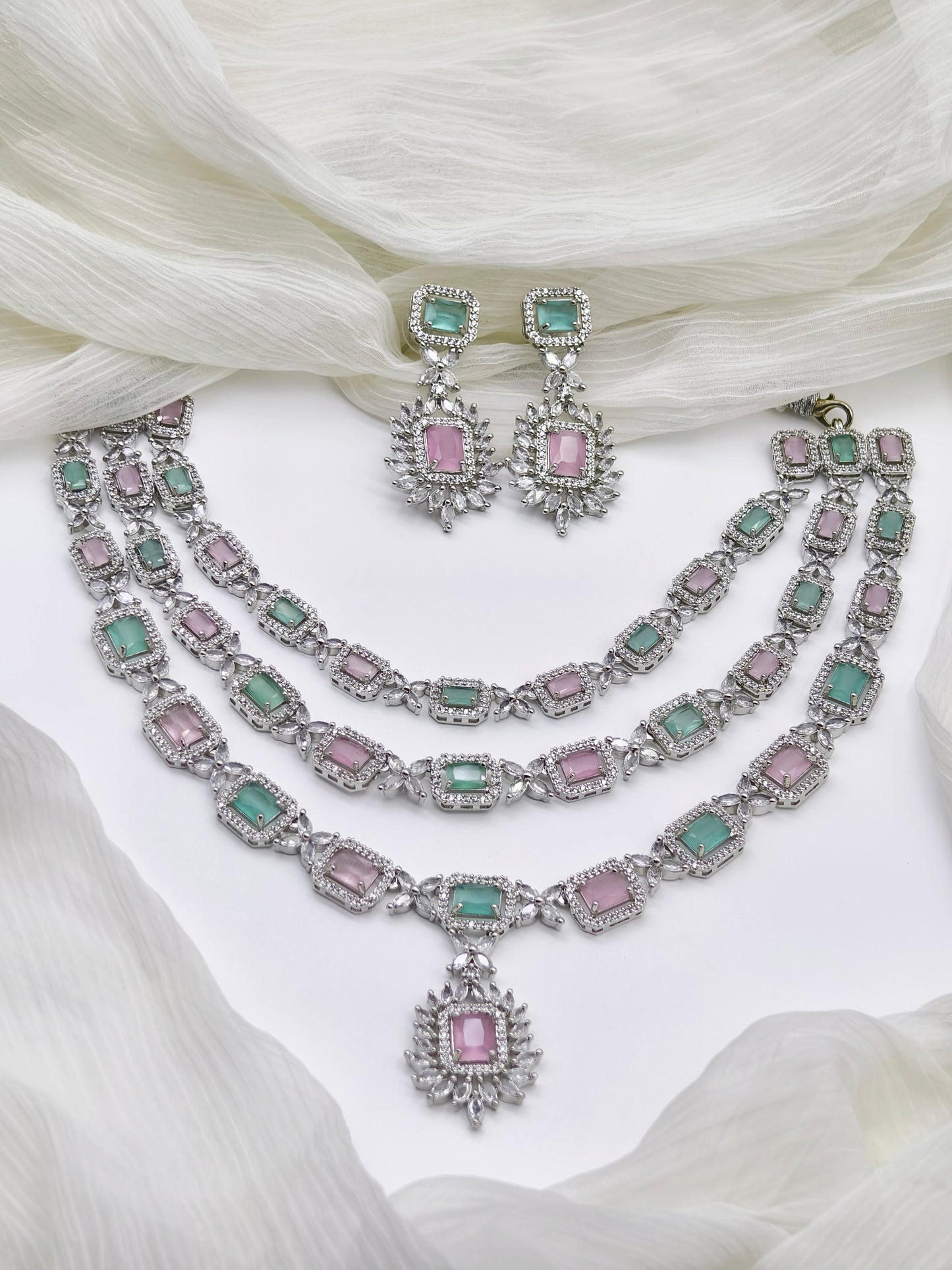Pastel Green and Pink Stone American Diamond Necklace