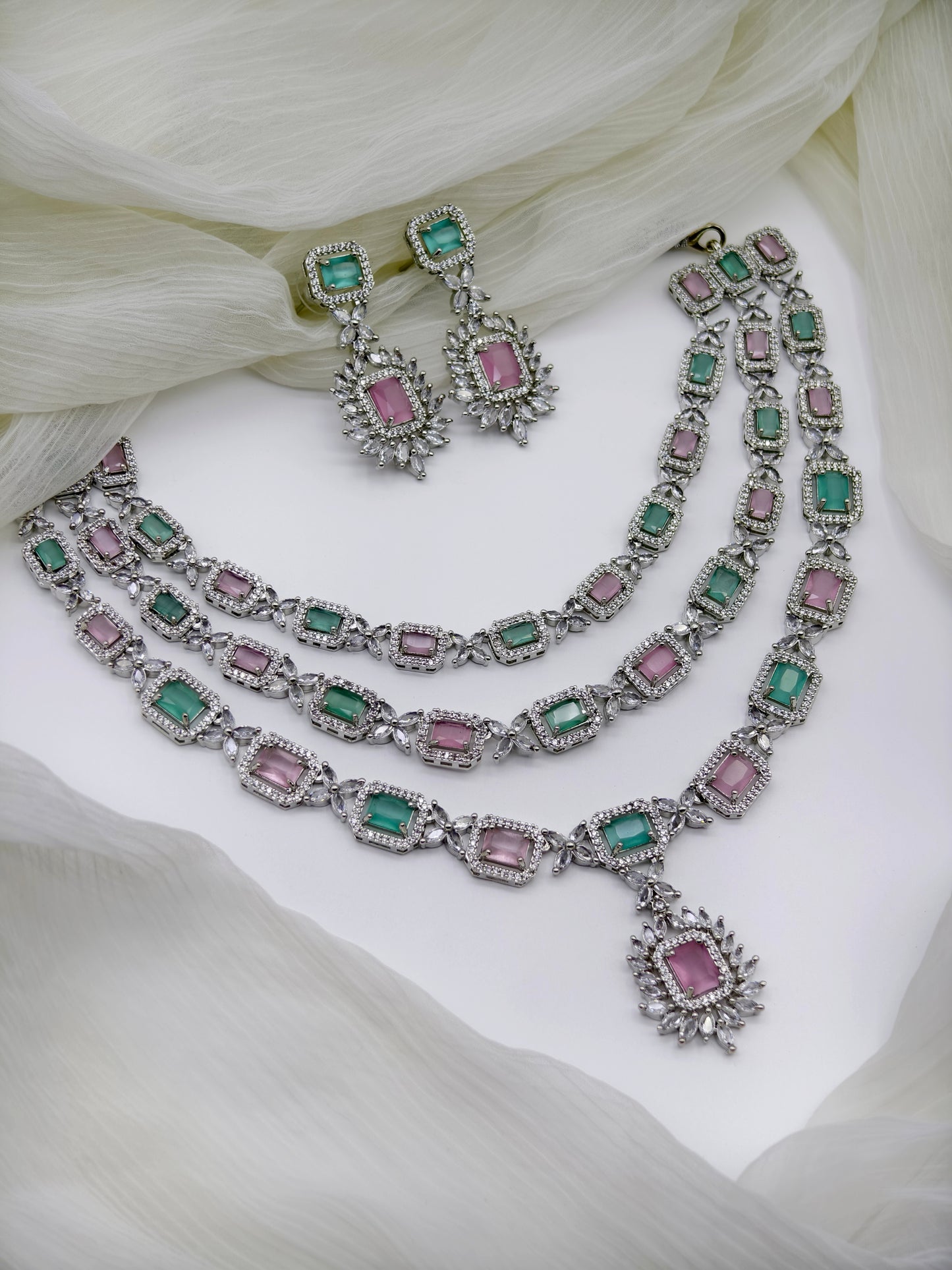 Pastel Green and Pink Stone American Diamond Necklace