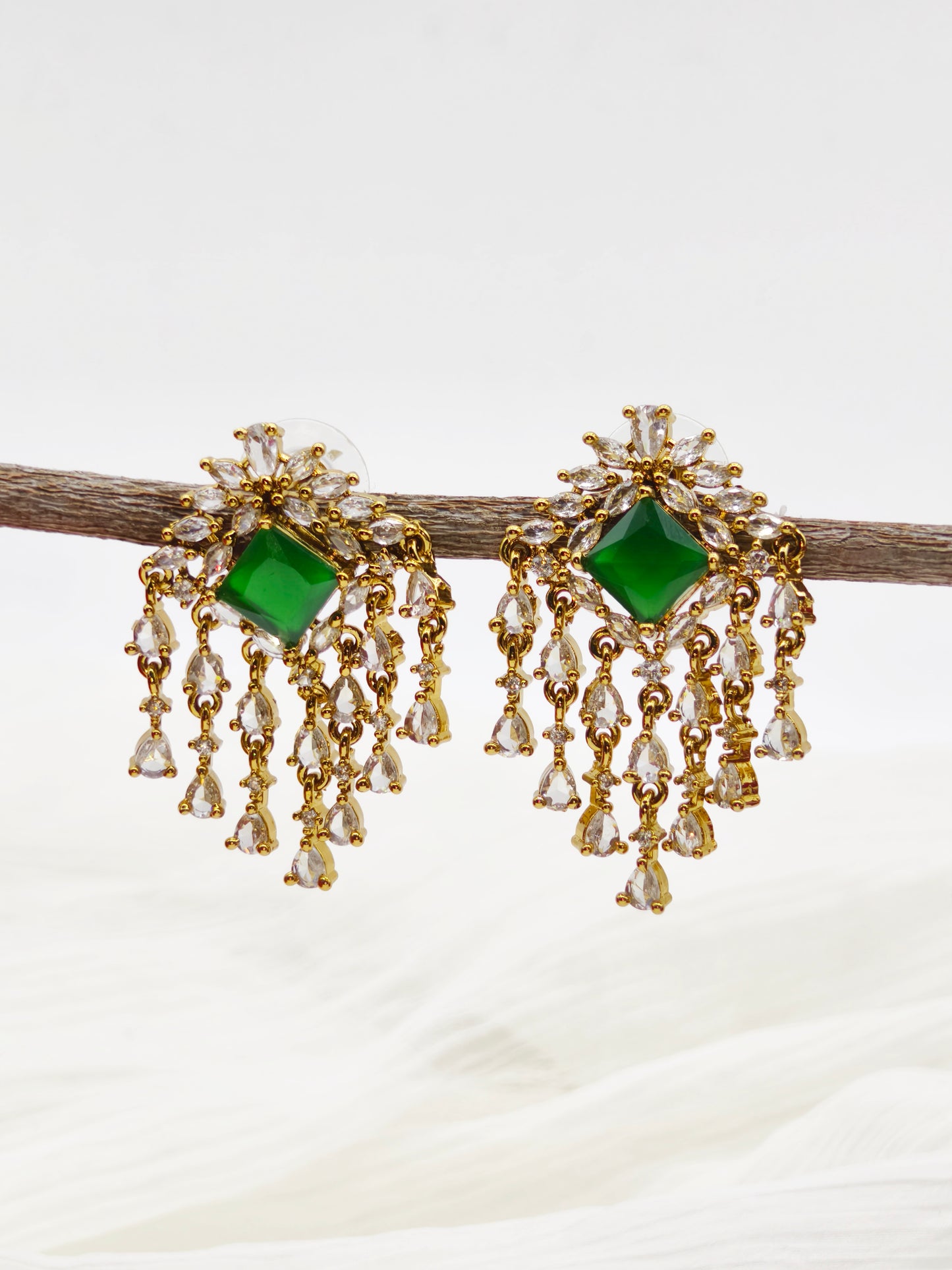 Green and White Stone American Diamond Earrings