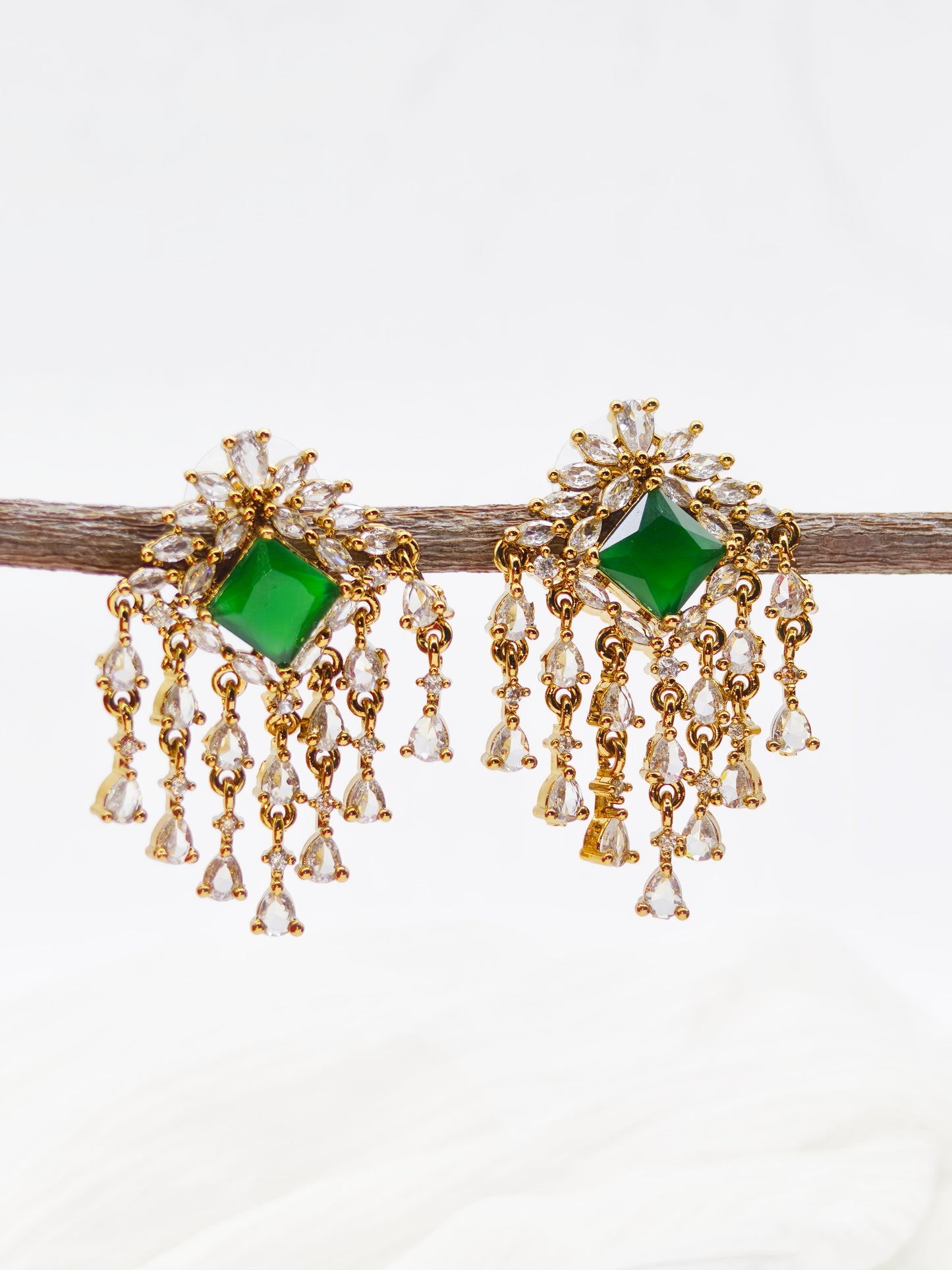 Green and White Stone American Diamond Earrings