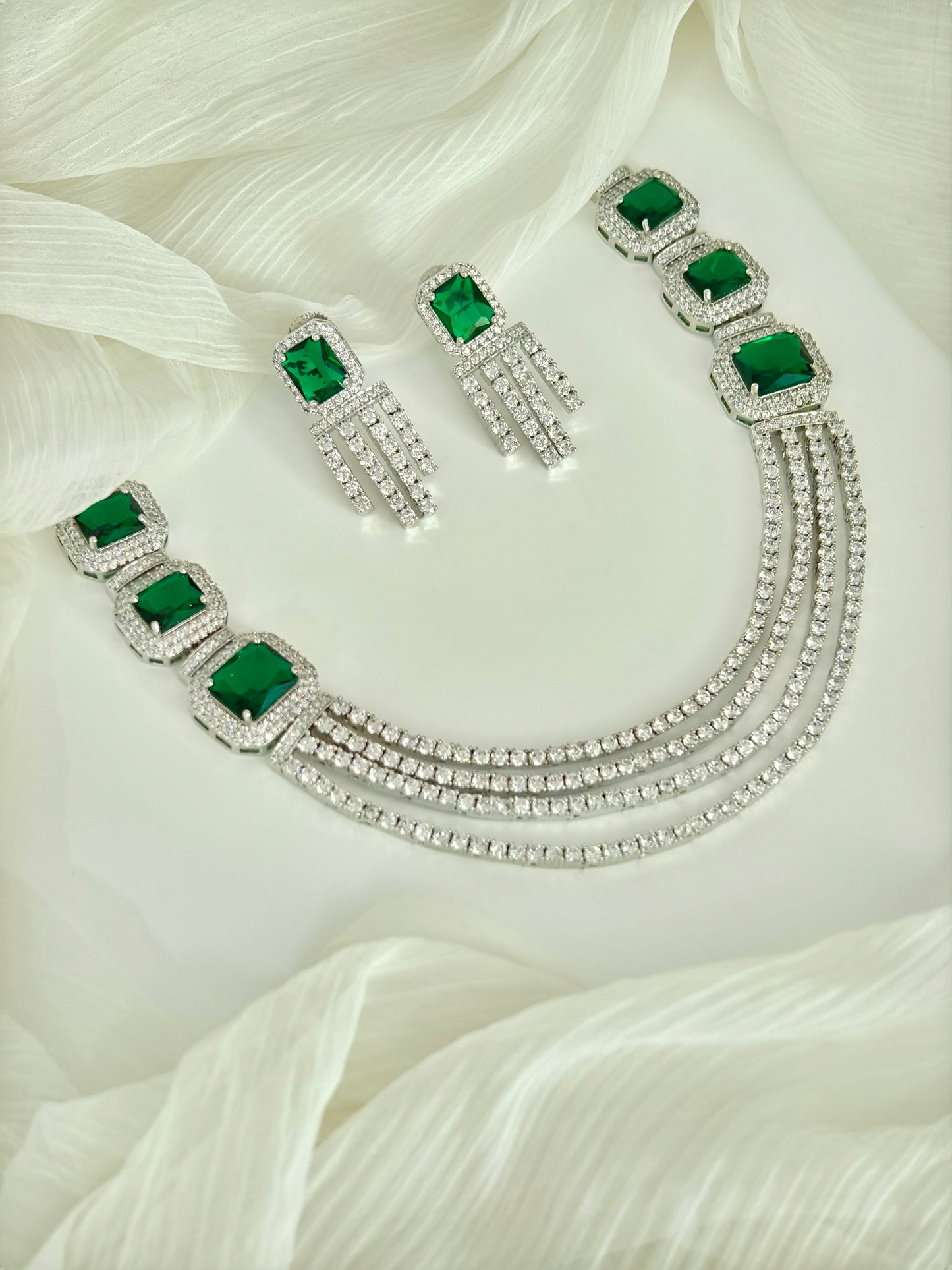Victorian Style Green Stone American Diamond Necklace