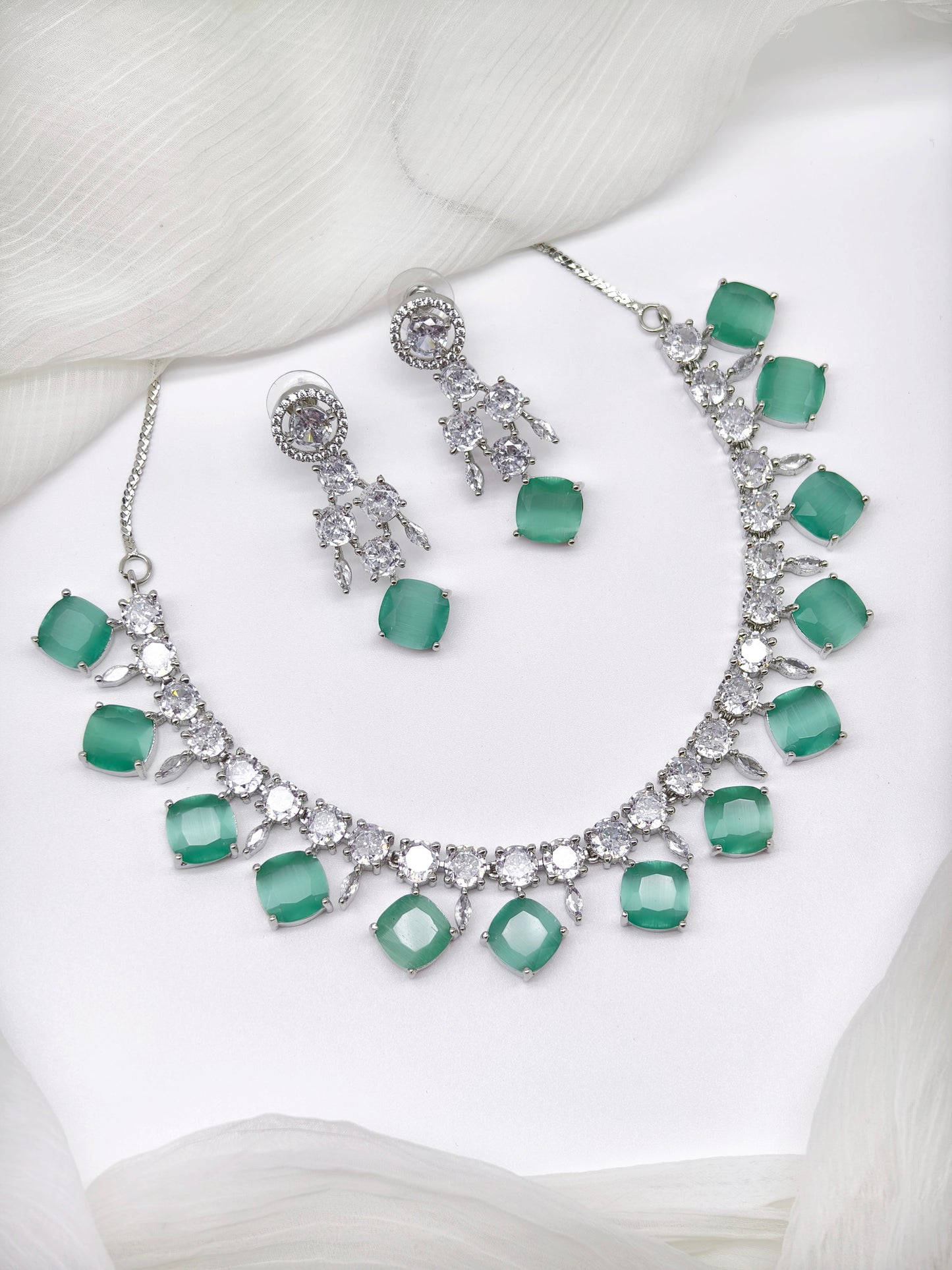 Pastel Green Stone American Diamond Necklace