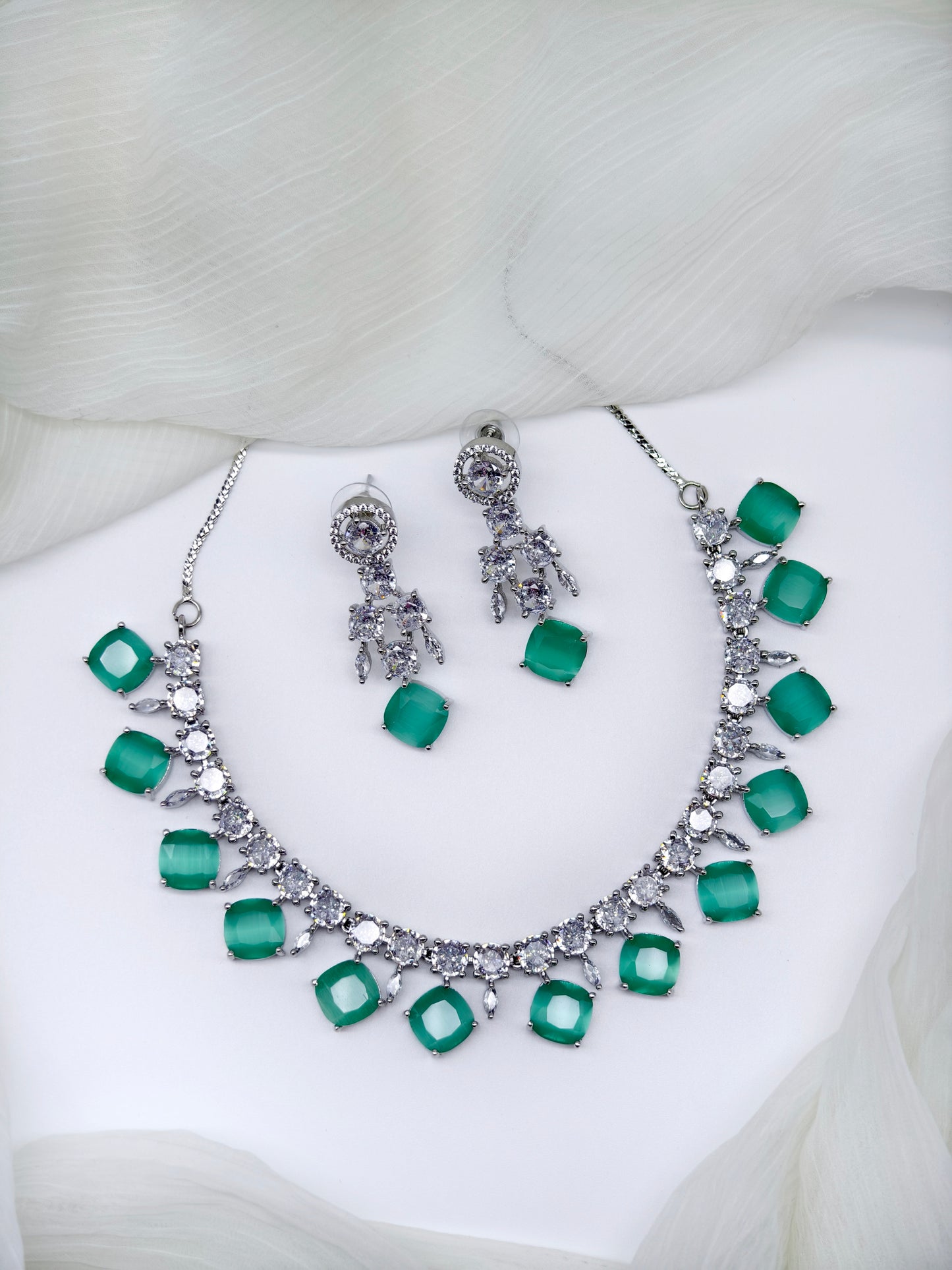 Pastel Green Stone American Diamond Necklace