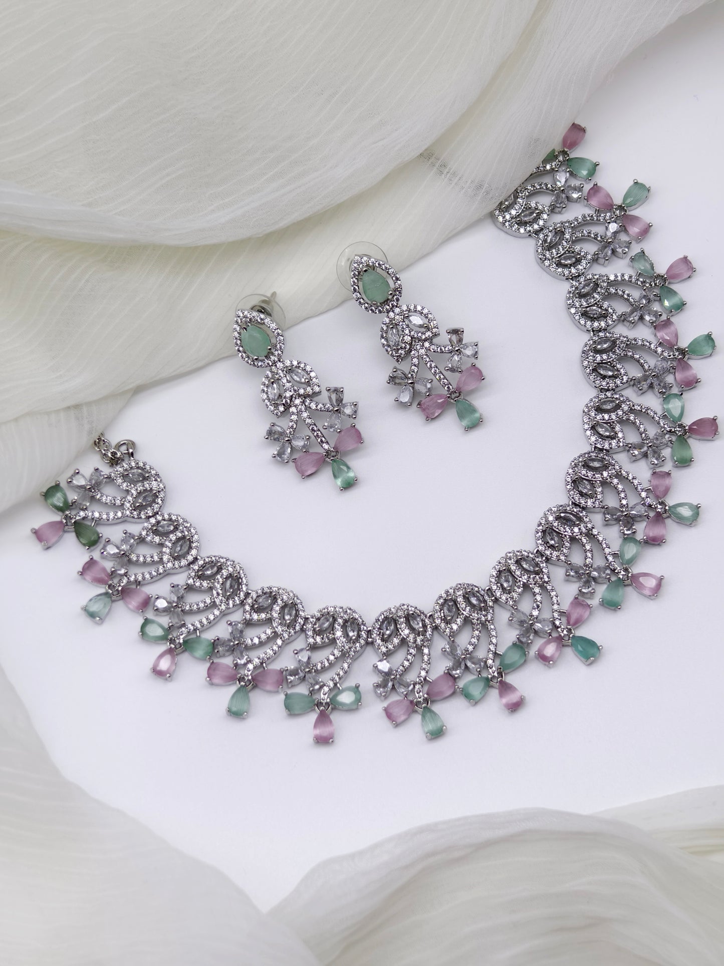 Pastel Green and Pink Stone American Diamond Necklace