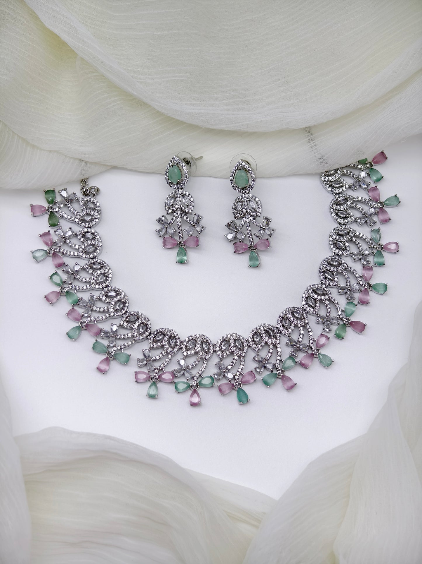 Pastel Green and Pink Stone American Diamond Necklace