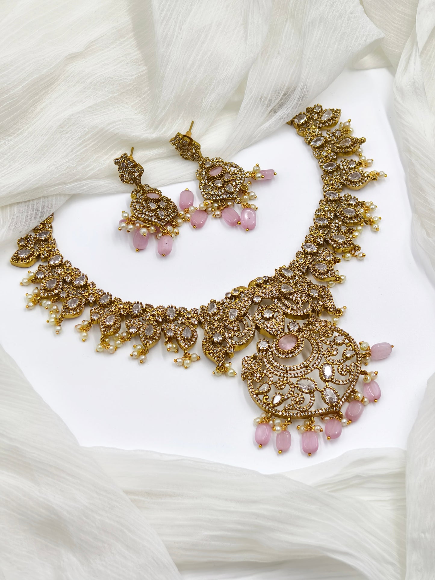 Victorian Style Pink & White Stone Gold Plated American Diamond Necklace