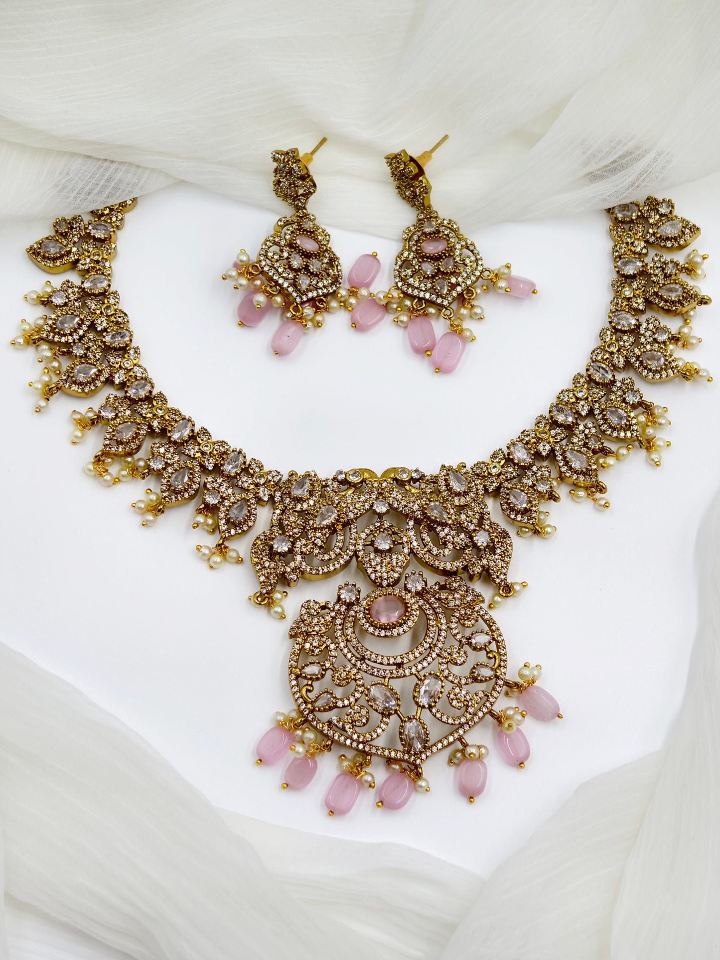 Victorian Style Pink & White Stone Gold Plated American Diamond Necklace