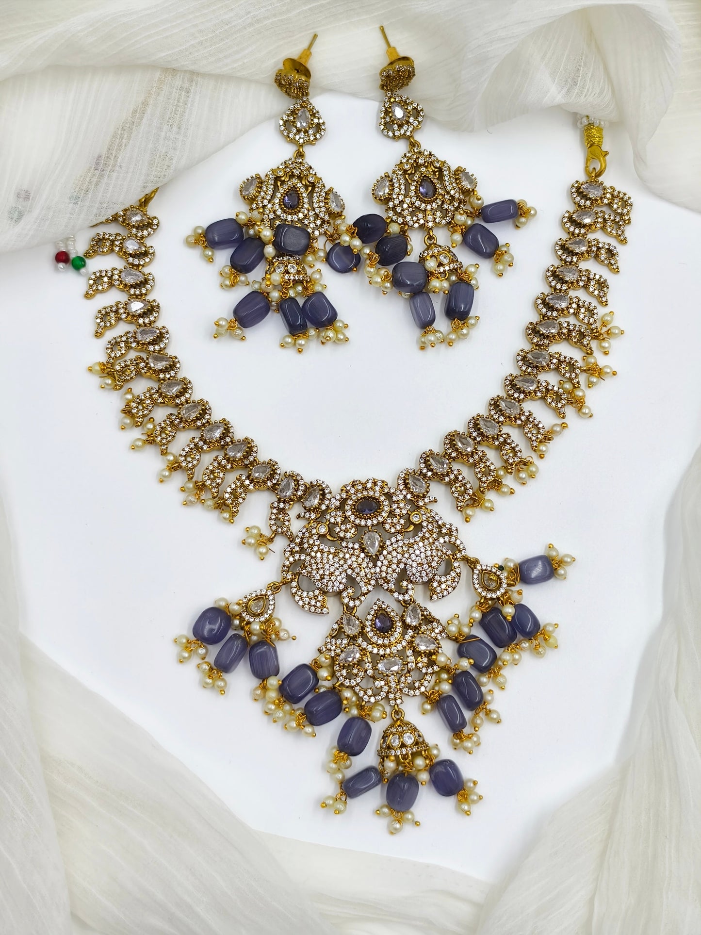 Victorian Style Purple & White Stone Gold Plated American Diamond Necklace