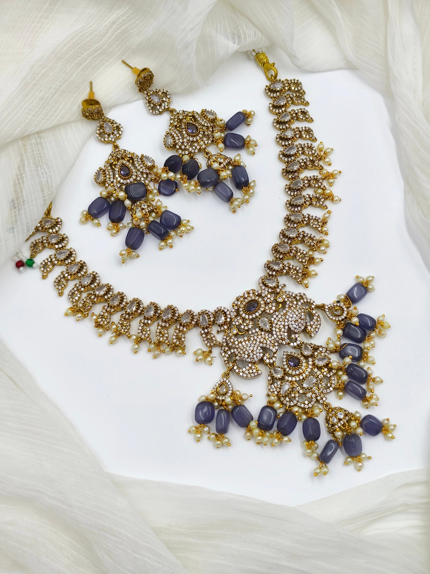 Victorian Style Purple & White Stone Gold Plated American Diamond Necklace
