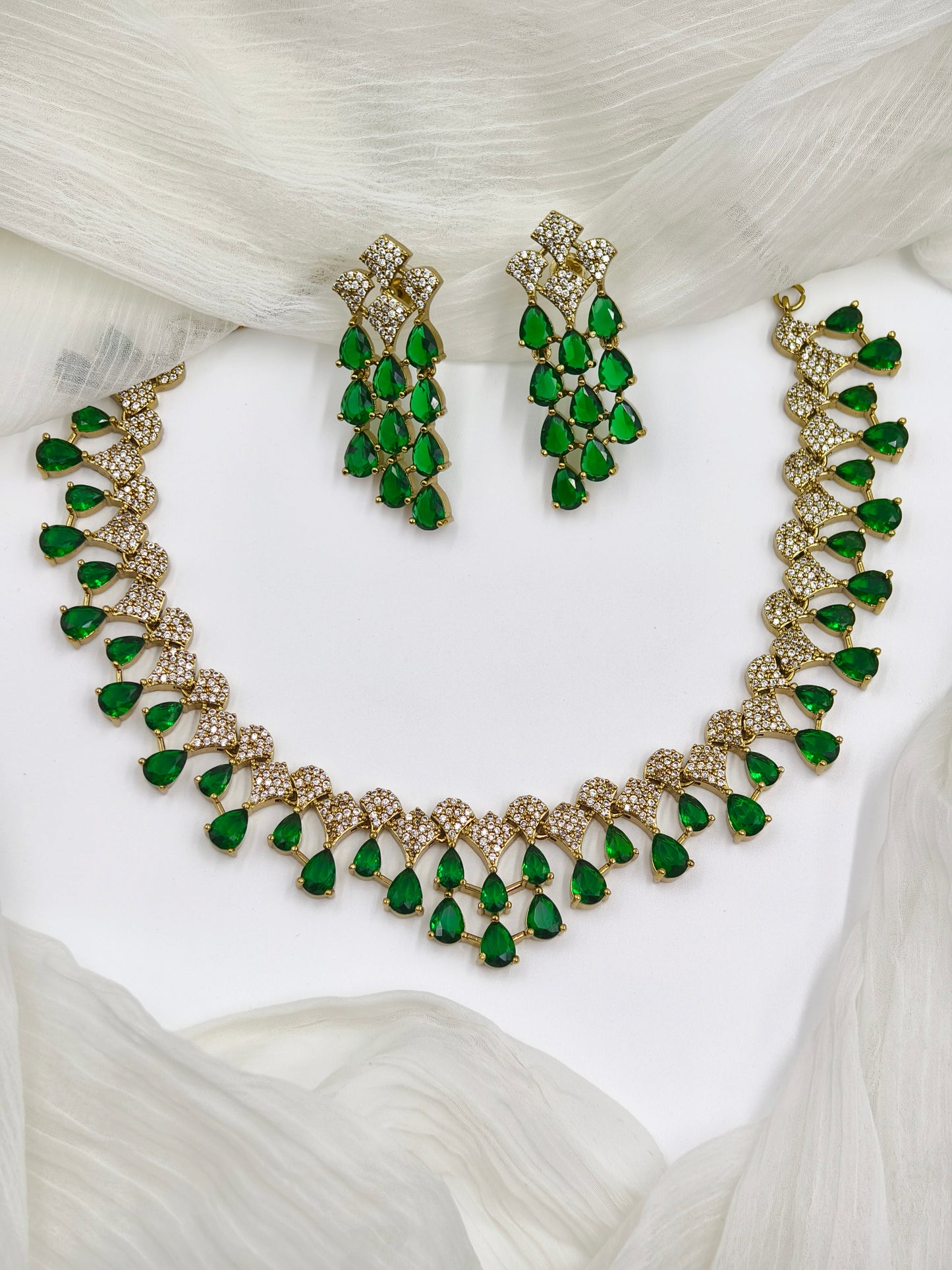 Green Stone Gold Plated American Diamond Necklace