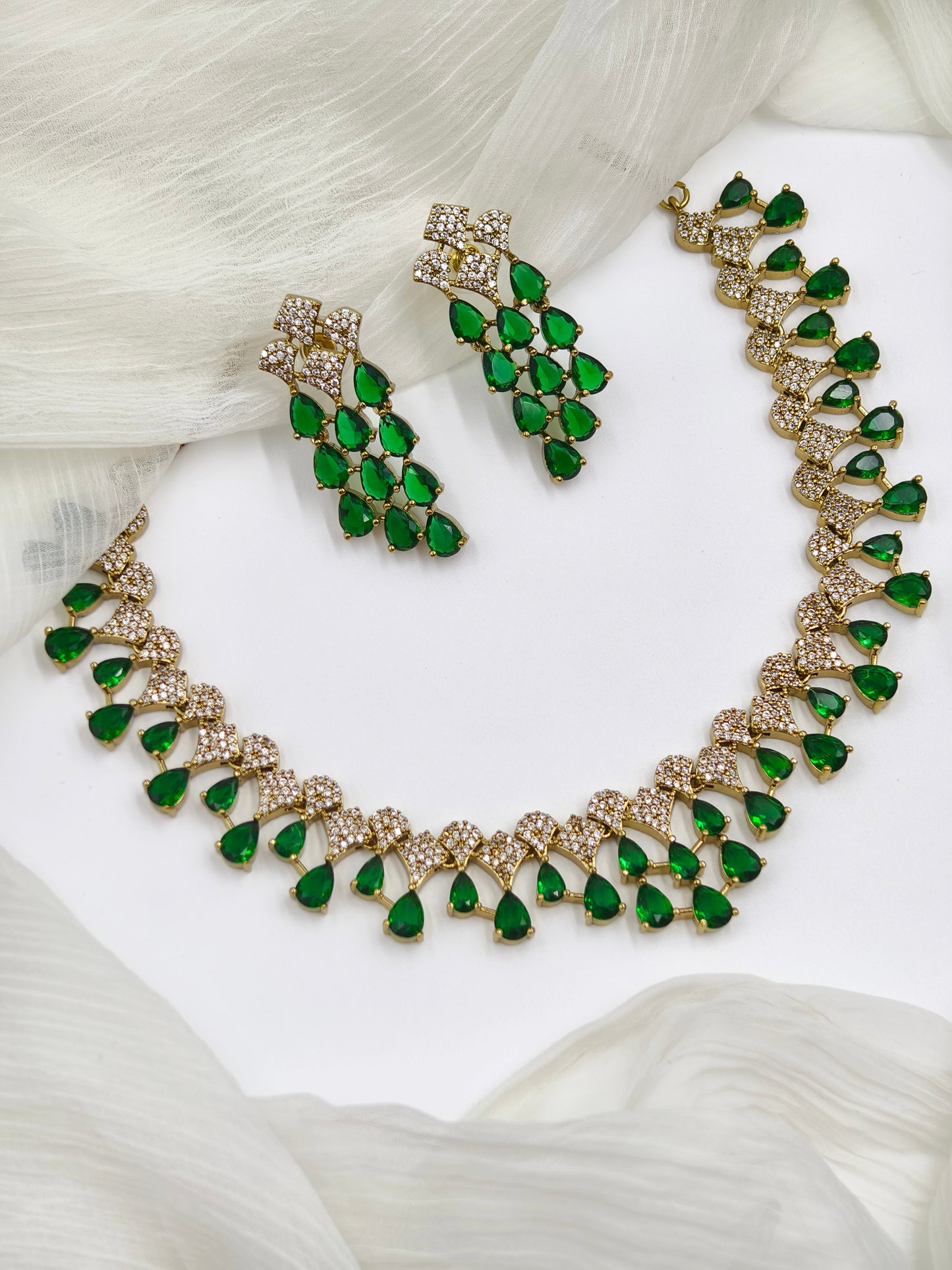 Green Stone Gold Plated American Diamond Necklace