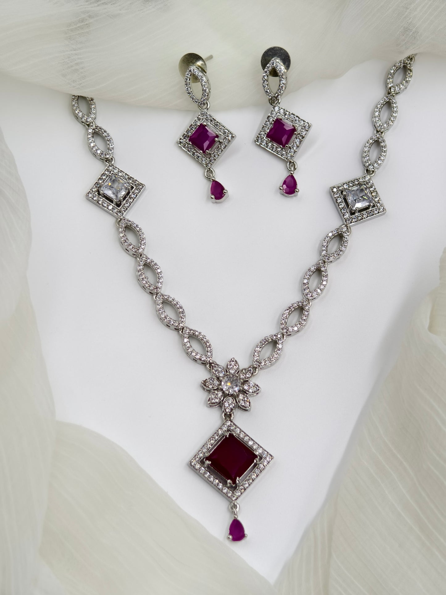 Rani Pink Stone American Diamond Necklace Set