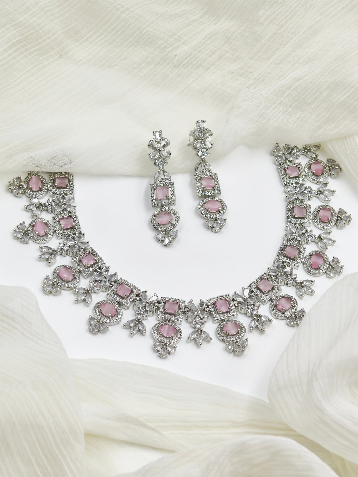 Pink Stone American Diamond Necklace Set