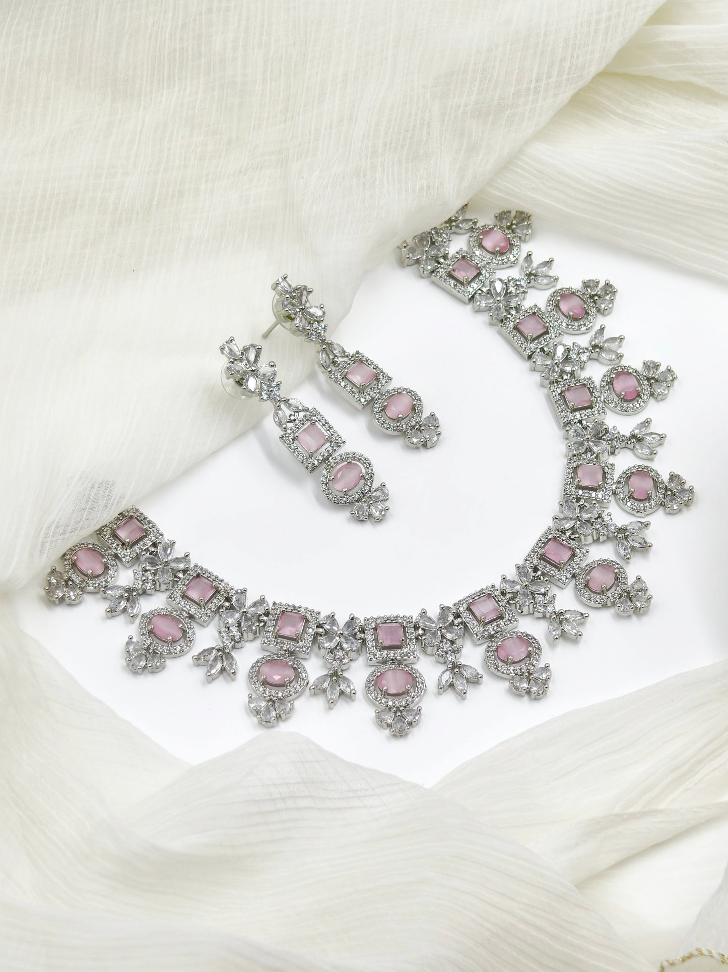 Pink Stone American Diamond Necklace Set