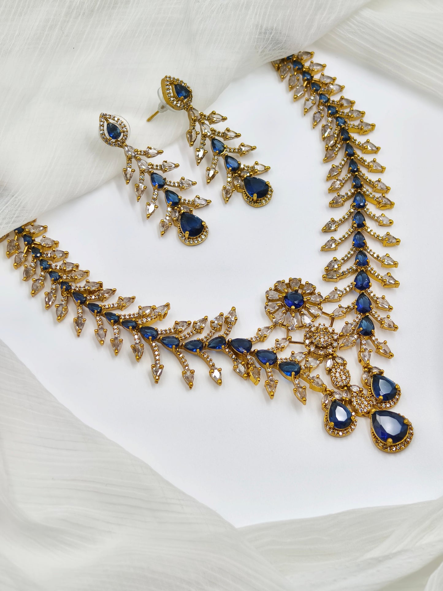Blue Stone Gold Plated American Diamond Necklace