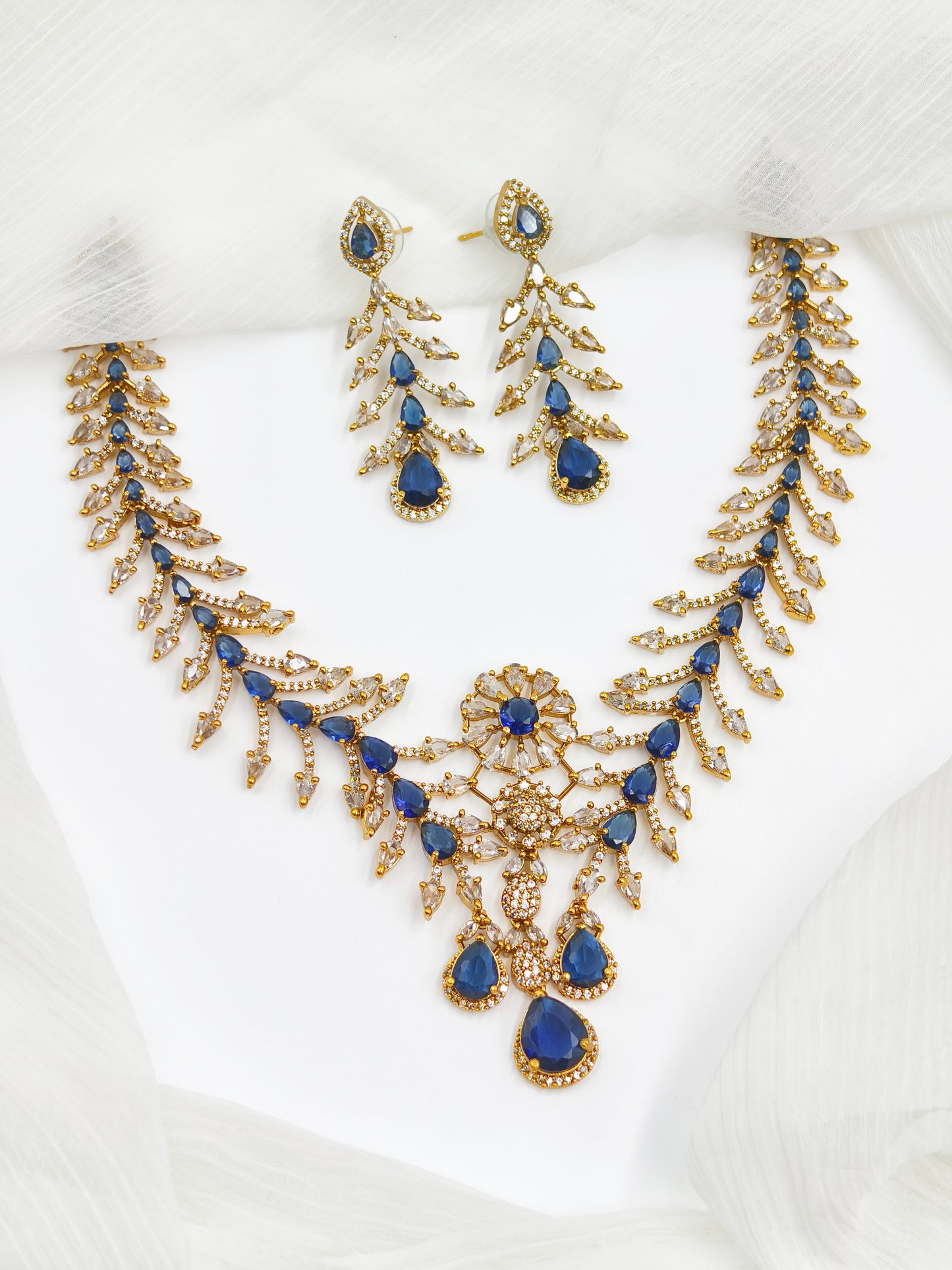 Blue Stone Gold Plated American Diamond Necklace