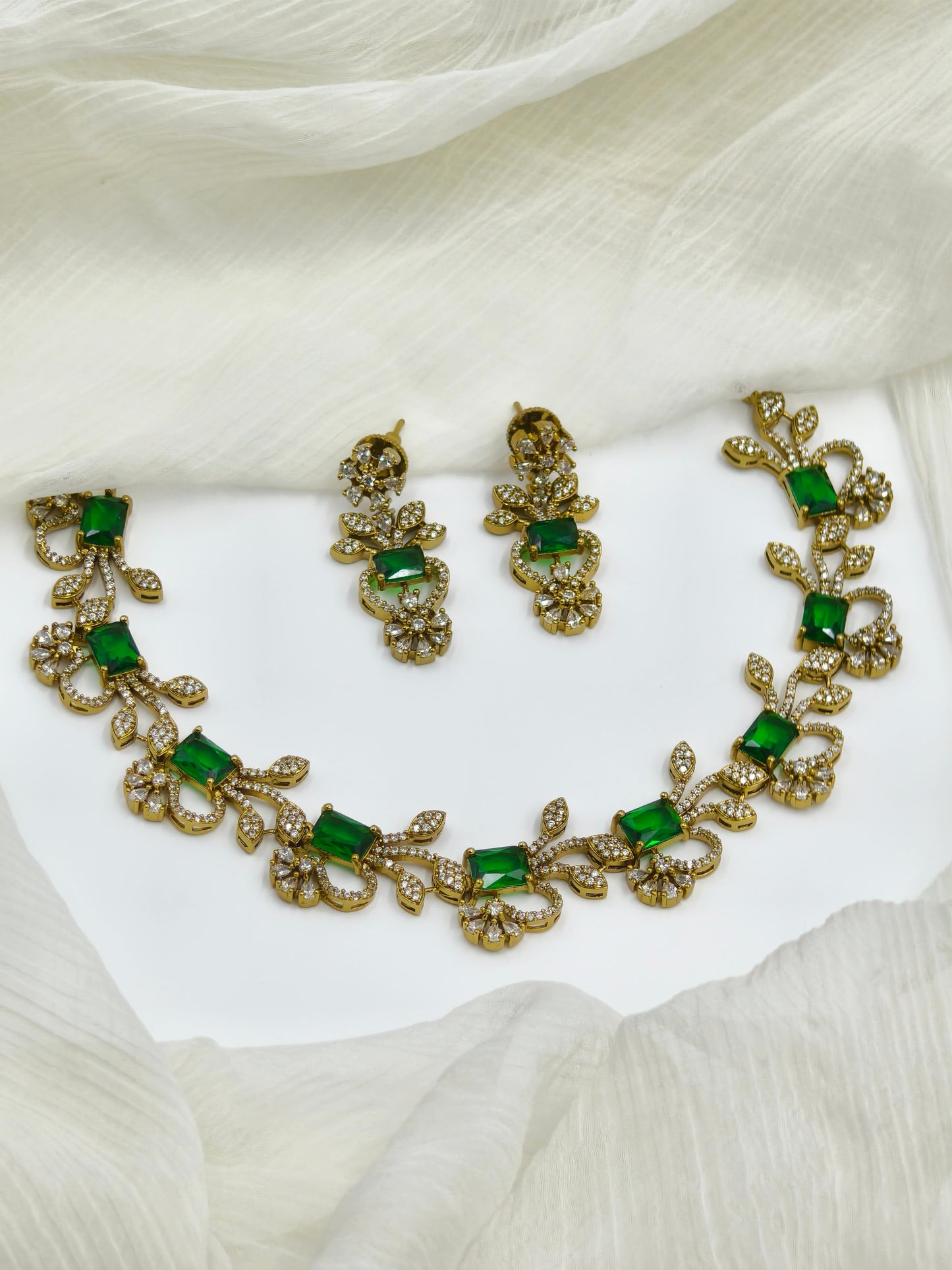 Green Stone Gold Plated American Diamond Necklace