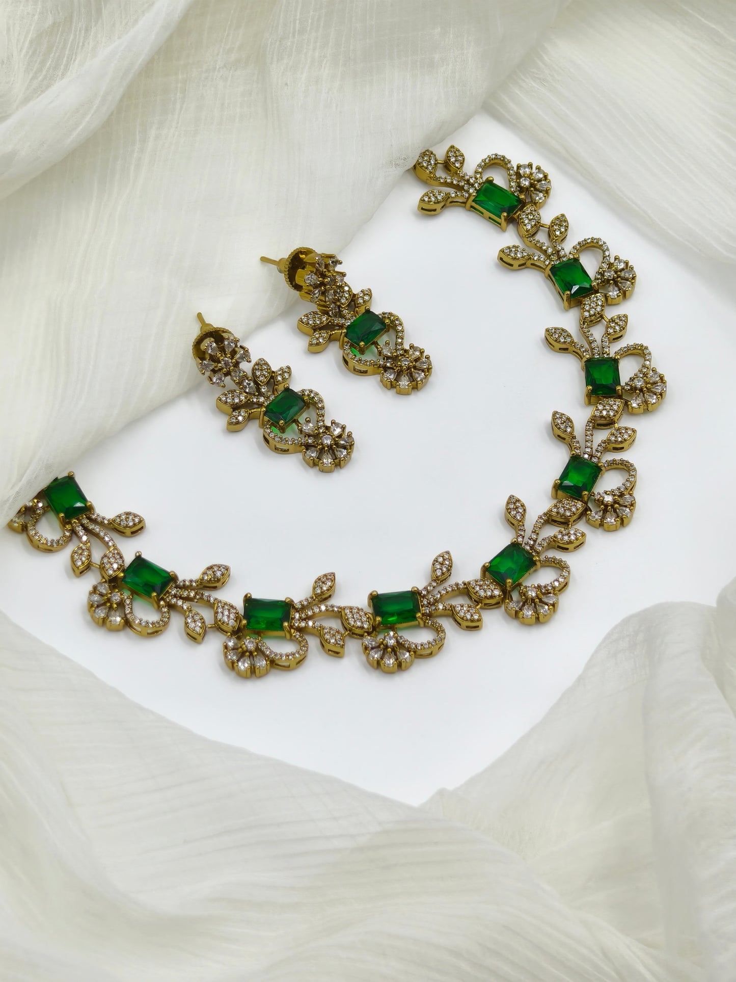 Green Stone Gold Plated American Diamond Necklace