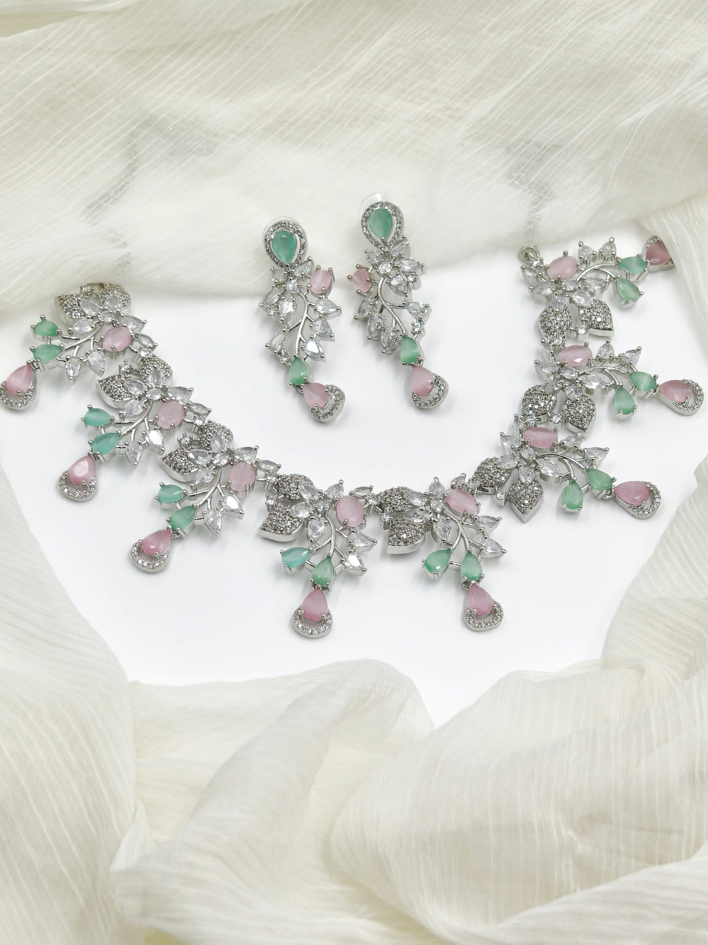 Pastel Green And Pink American Diamond Necklace