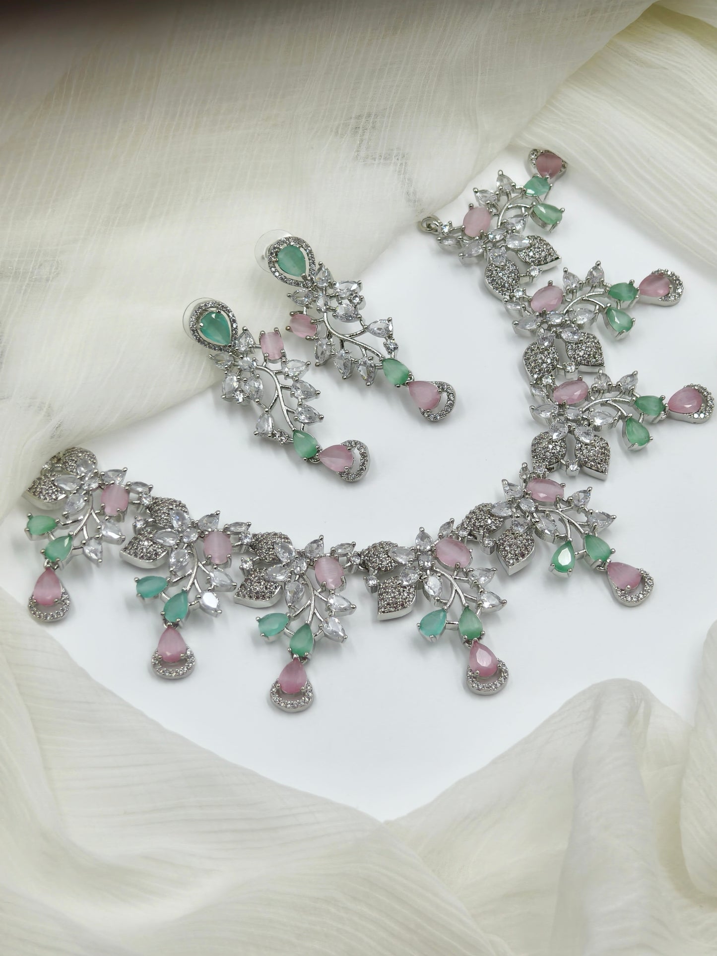 Pastel Green And Pink American Diamond Necklace