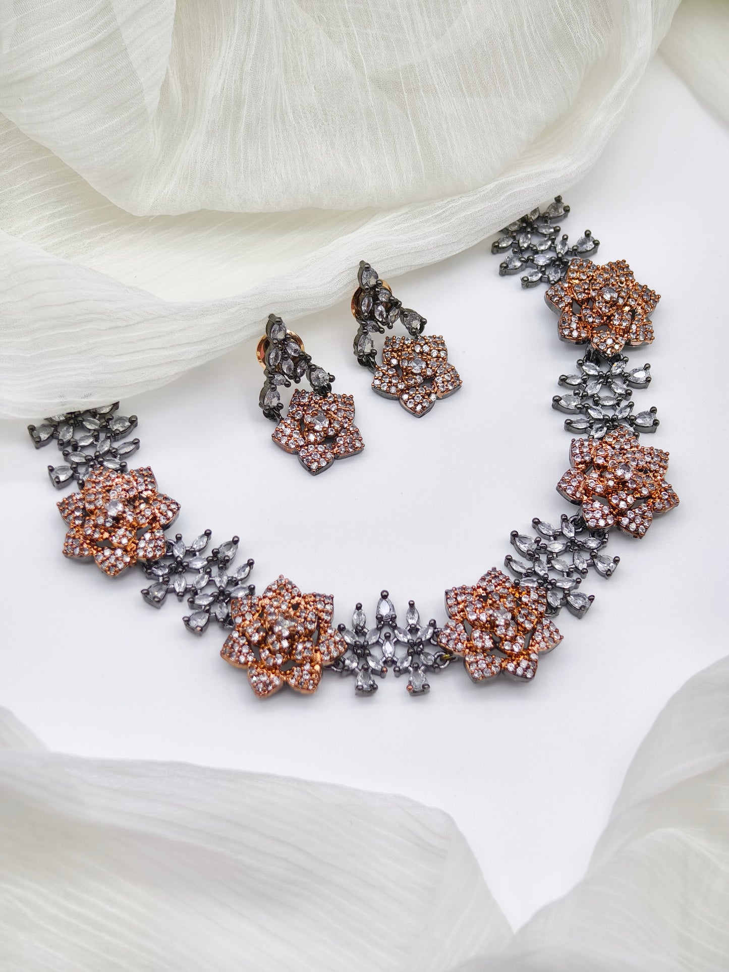 Black & Rose Gold Metal American Diamond Necklace