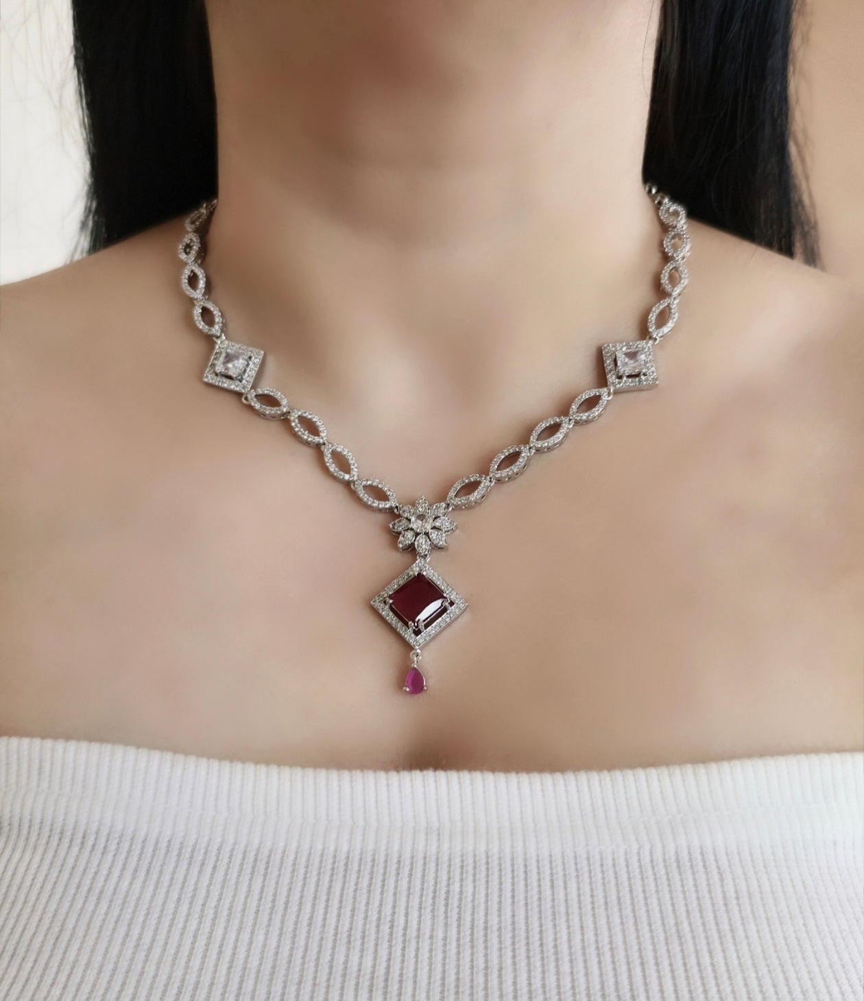 Rani Pink Stone American Diamond Necklace Set