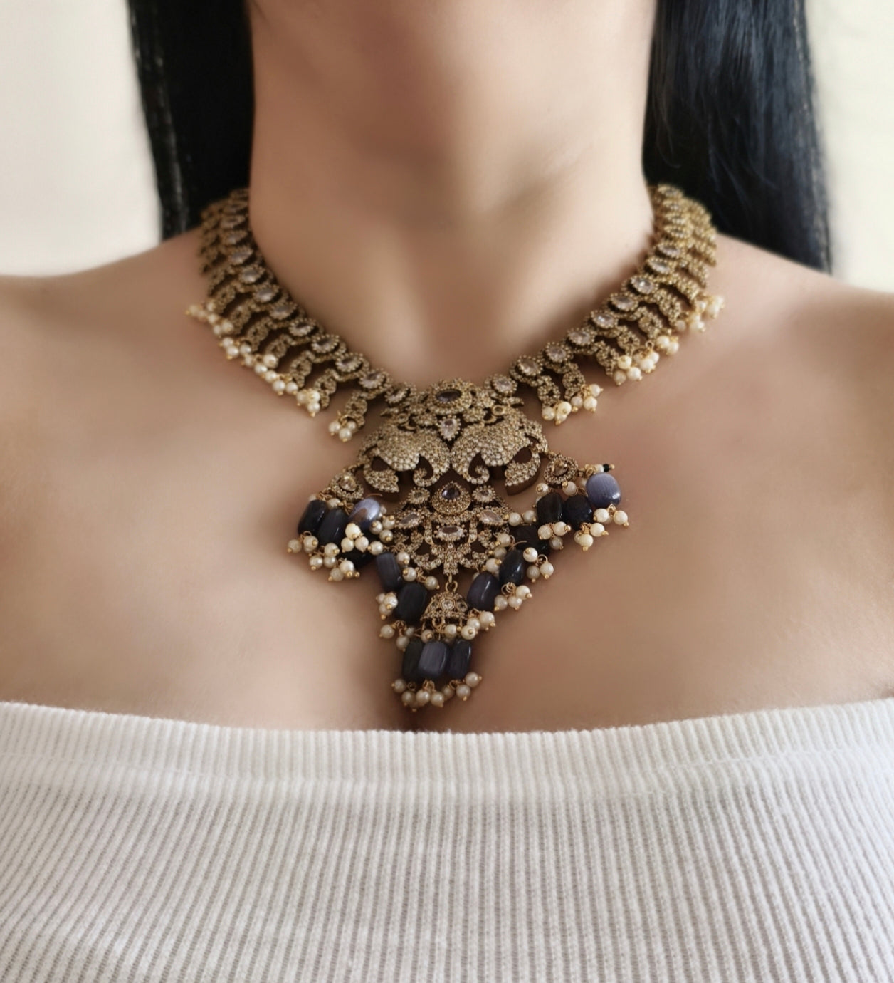 Victorian Style Purple & White Stone Gold Plated American Diamond Necklace