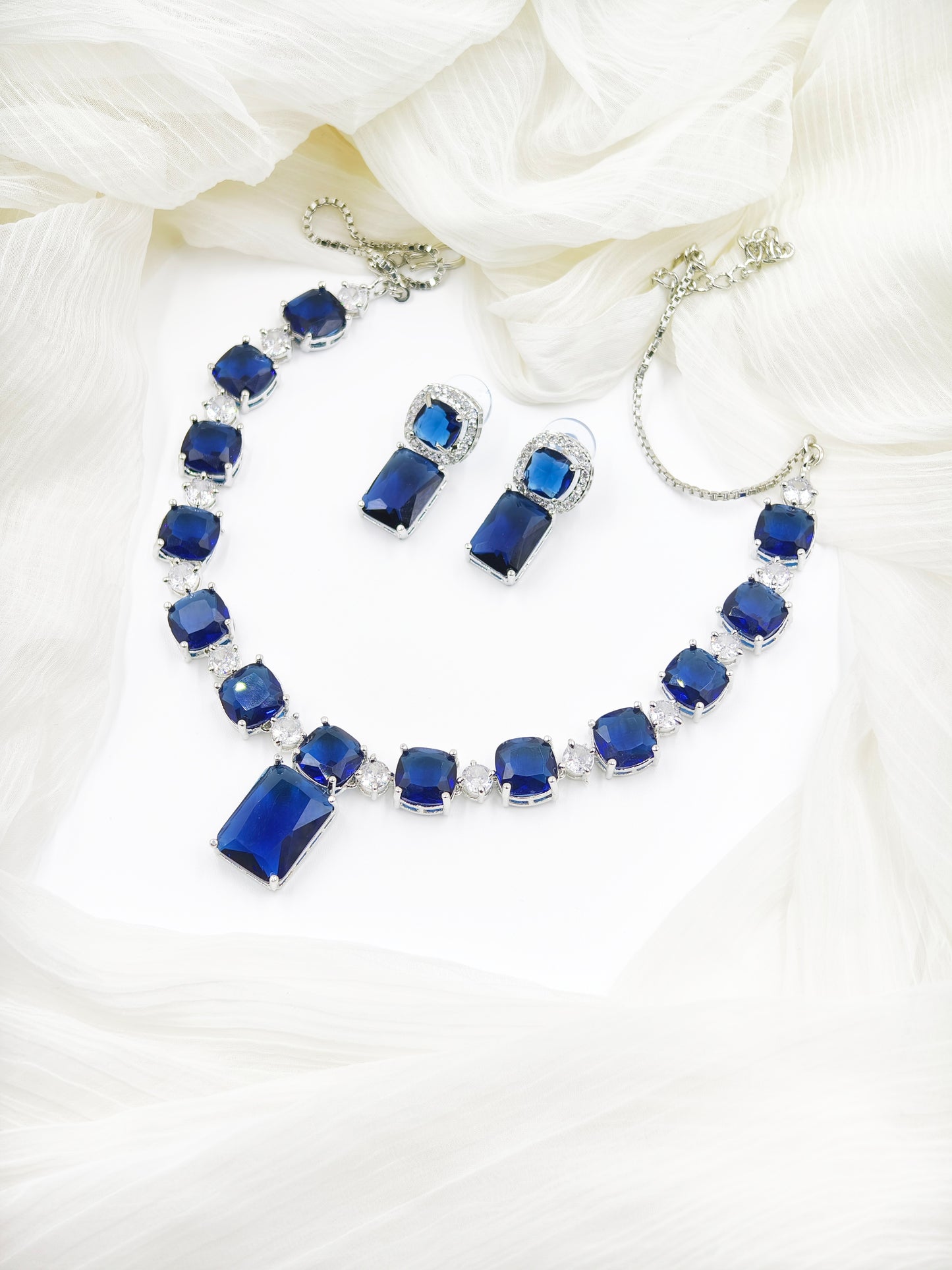 Blue Stone American Diamond Necklace Set