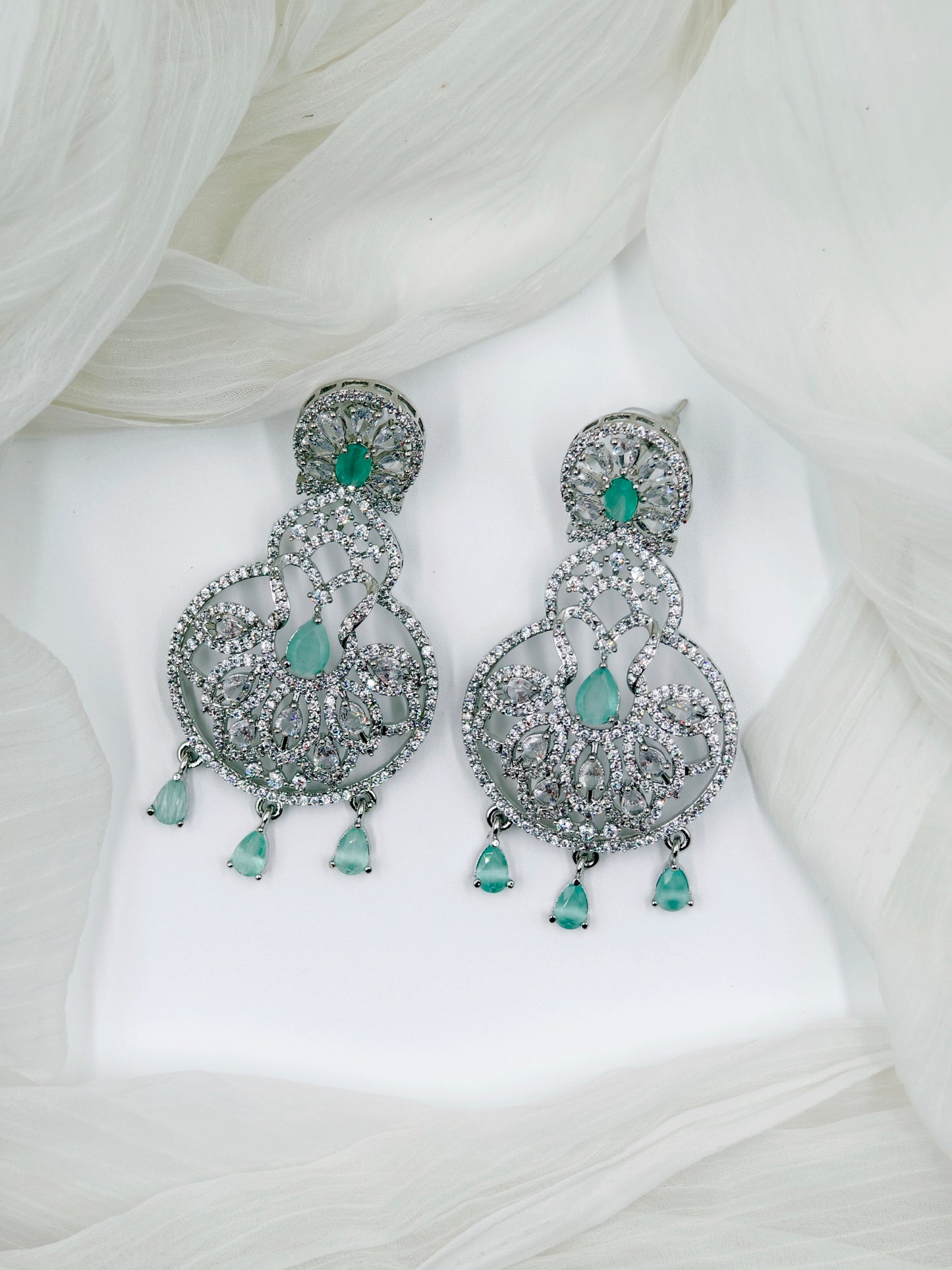 Pastel Green and White Stone American Diamond Earrings
