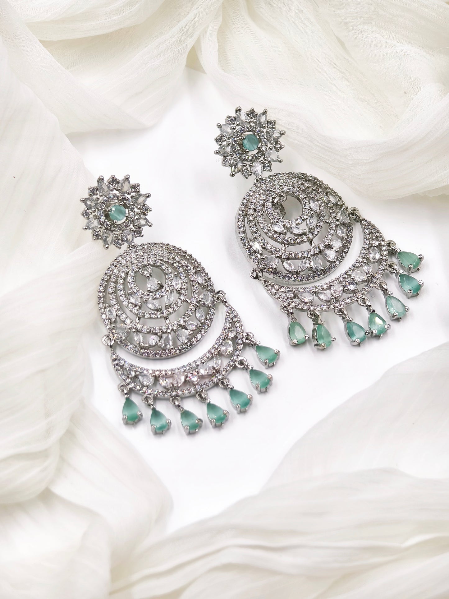 Pastel Green and White Stone American Diamond Earrings