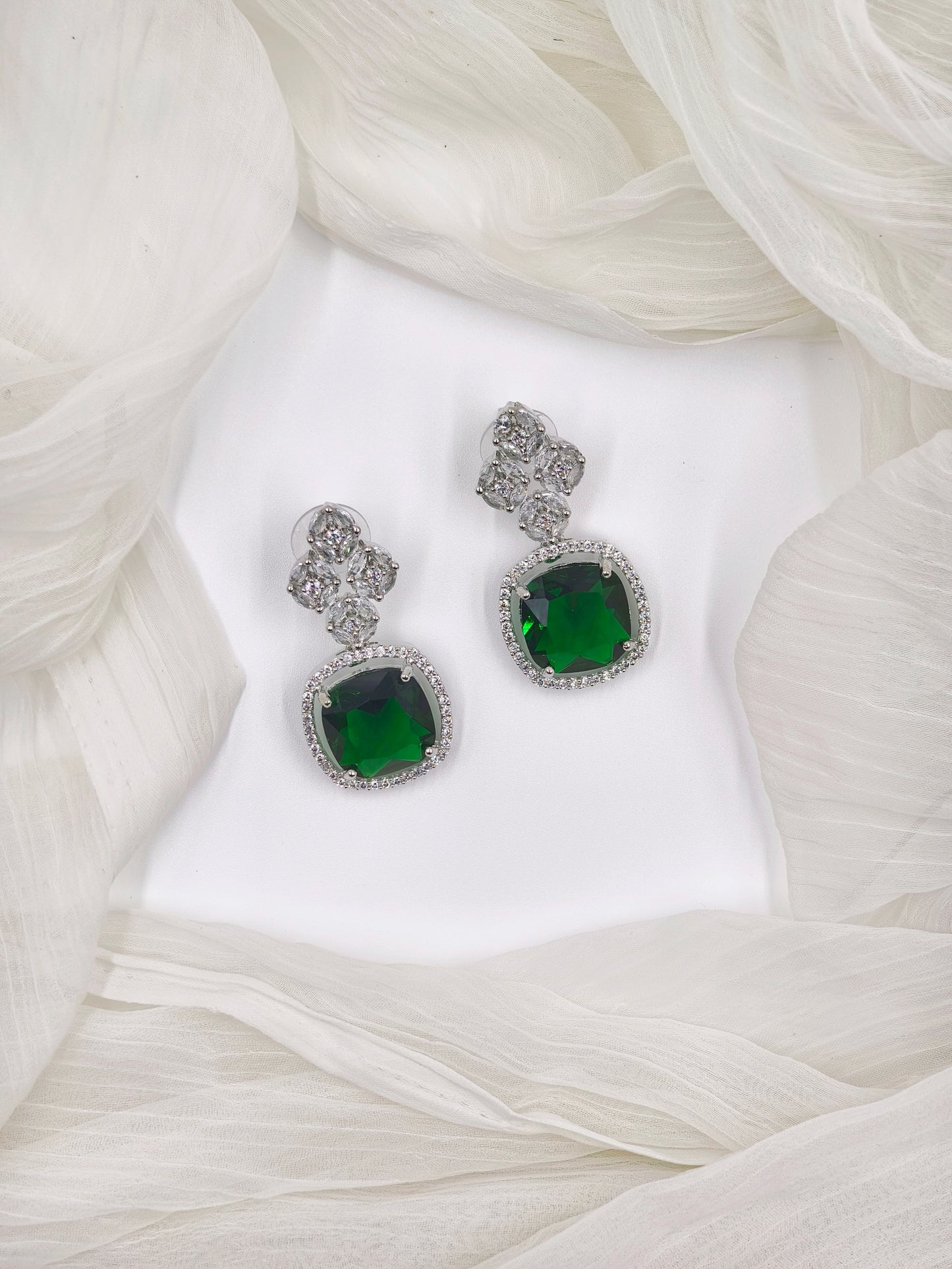 Green and White Stone American Diamond Earrings