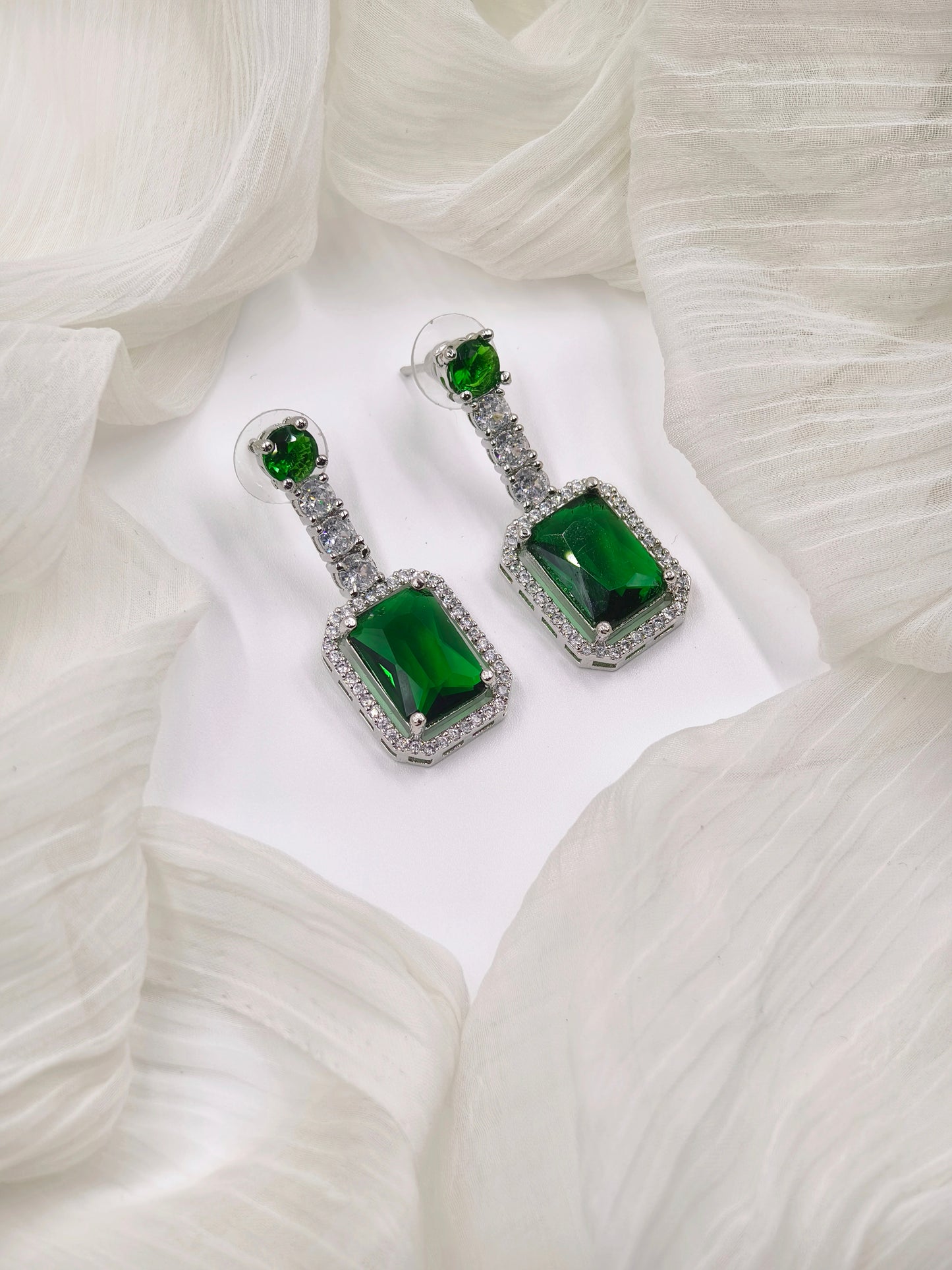 Green and White Stone American Diamond Earrings