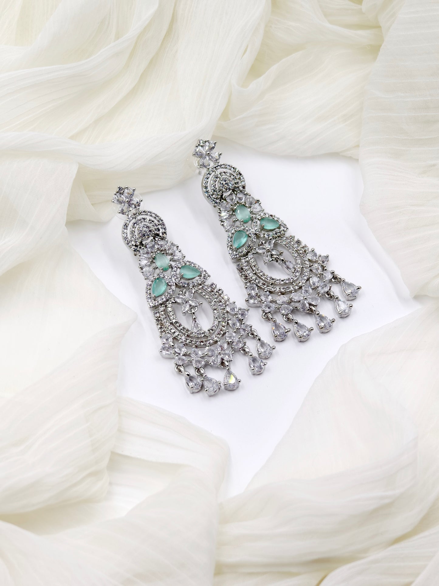 Pastel Green and White Stone American Diamond Earrings