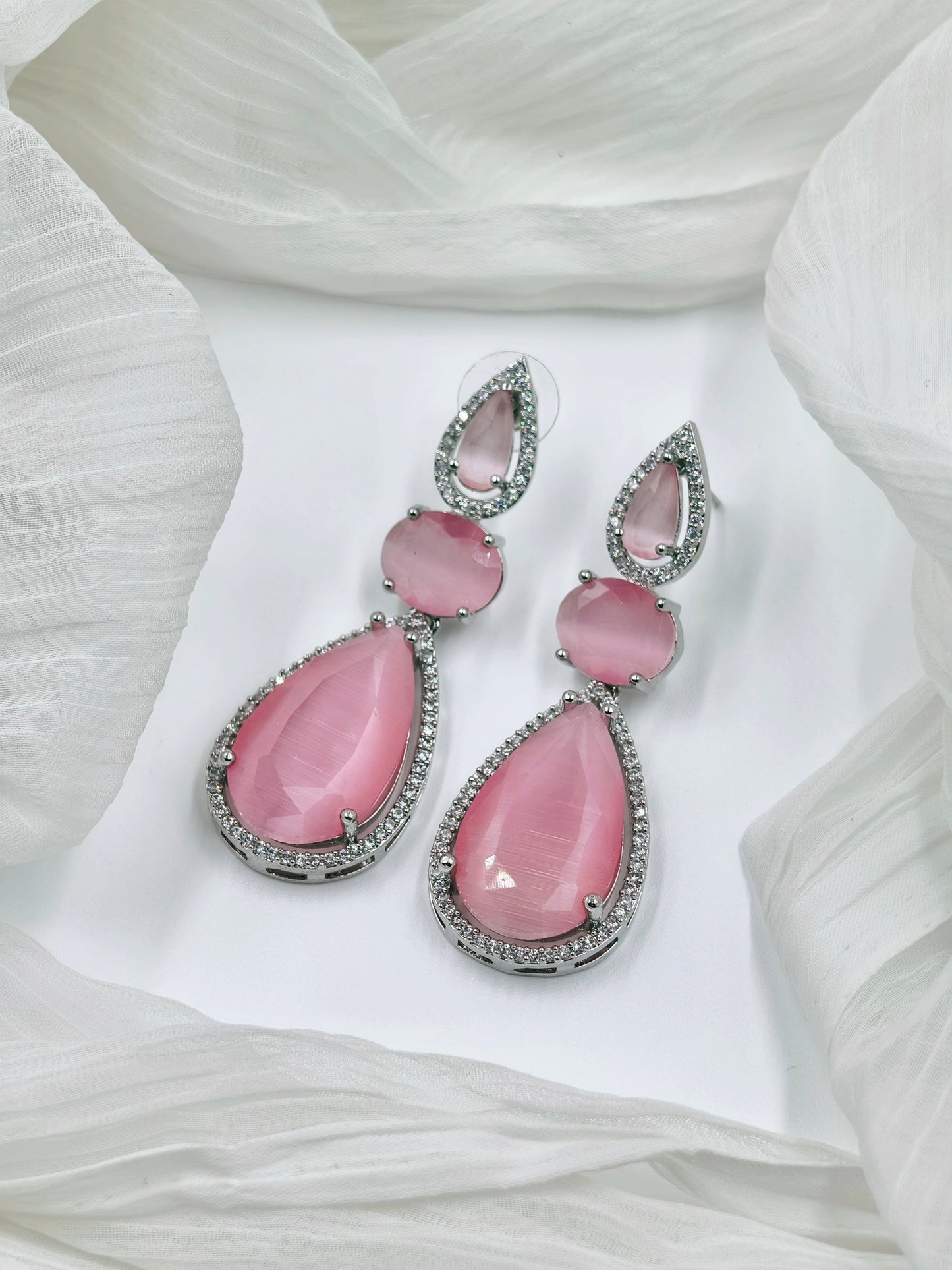 Pastel Pink and White Stone American Diamond Earrings
