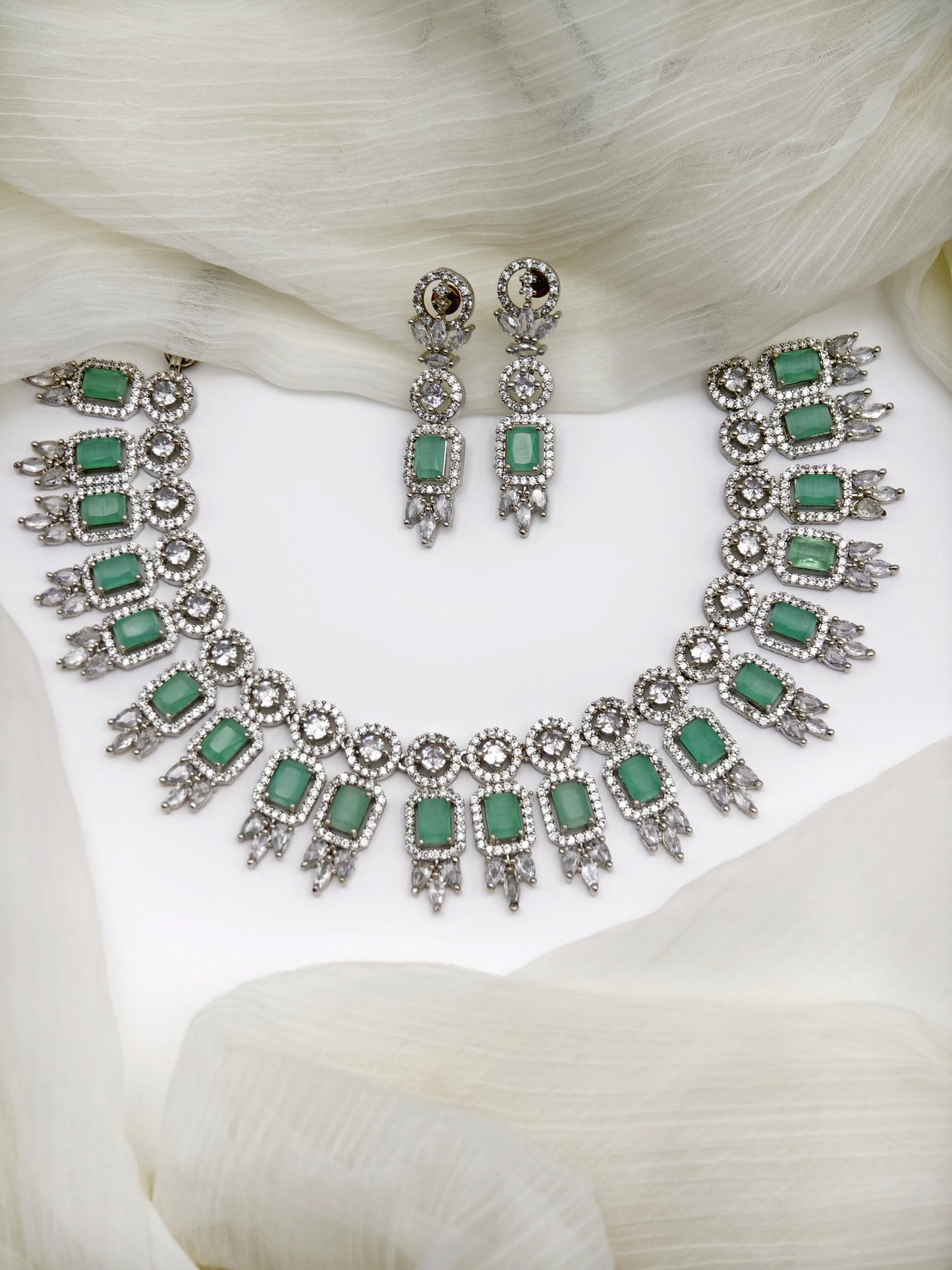 Pastel Green And White Stone American Diamond Necklace Set
