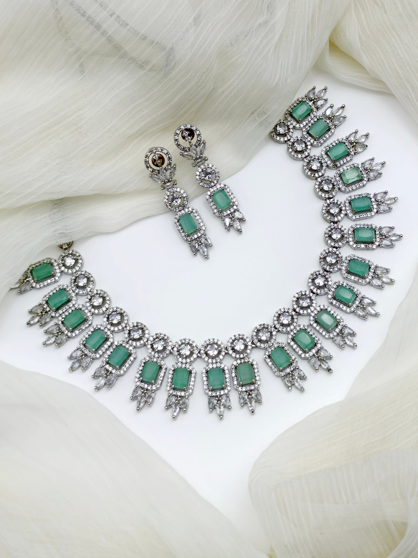 Pastel Green And White Stone American Diamond Necklace Set
