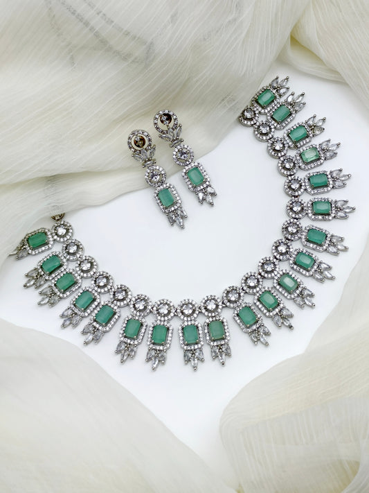 Pastel Green And White AD Necklace Set