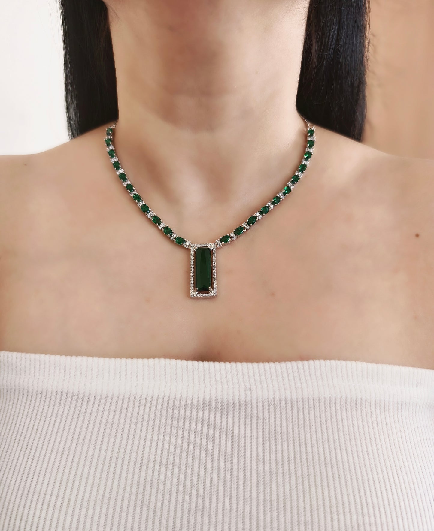 Green & White Stone American Diamond Necklace
