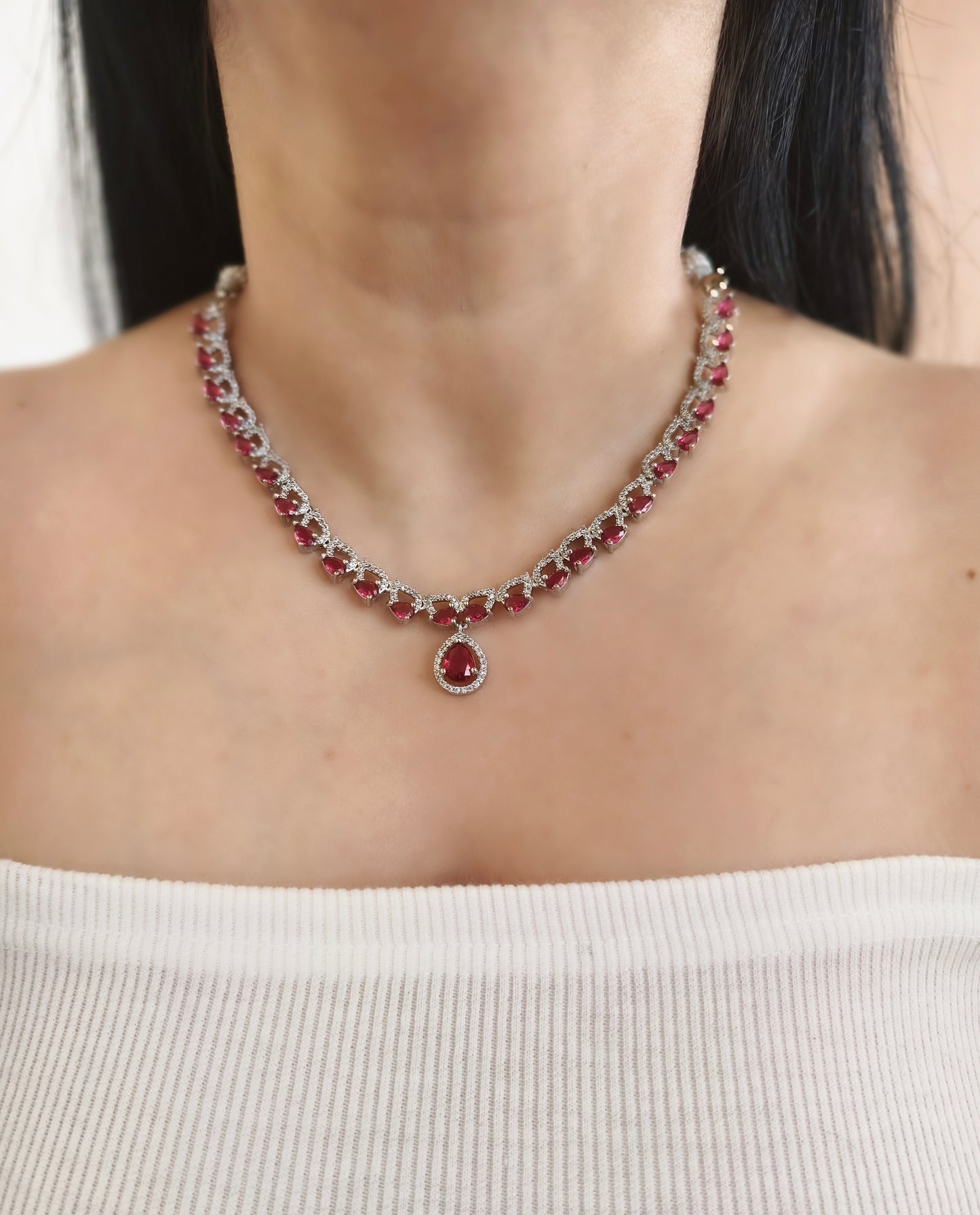 Red Stone American Diamond Necklace