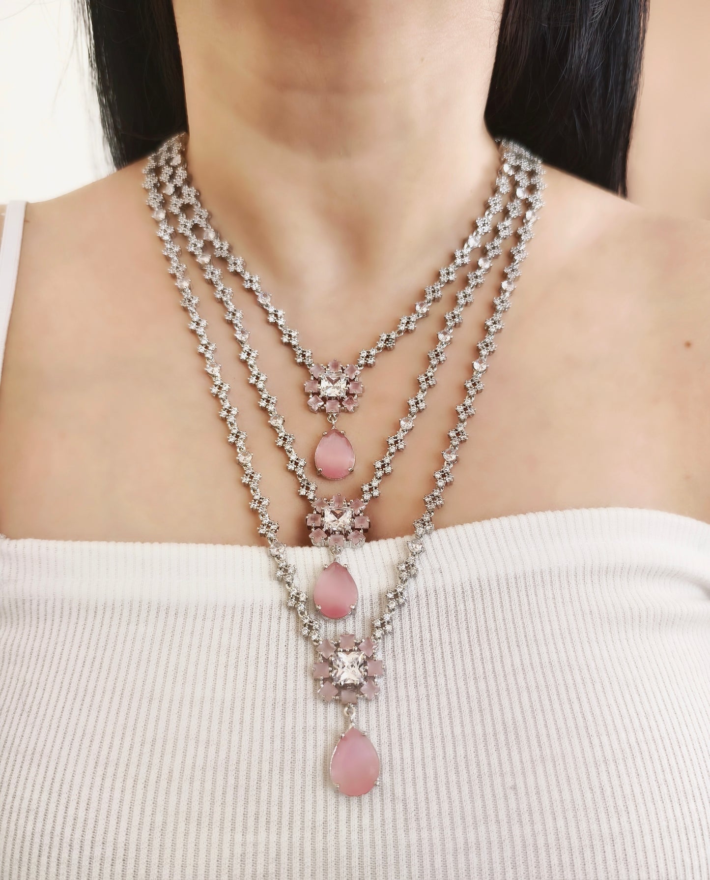 Pastel Pink & White Stone American Diamond Necklace