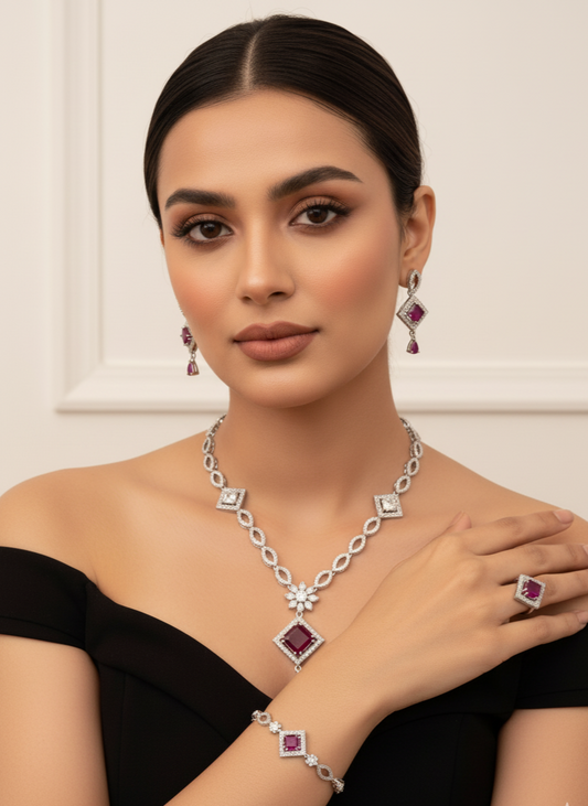 Rani Pink Stone American Diamond Necklace Set