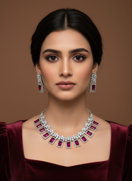 Rani Pink & White Stone American Diamond Necklace