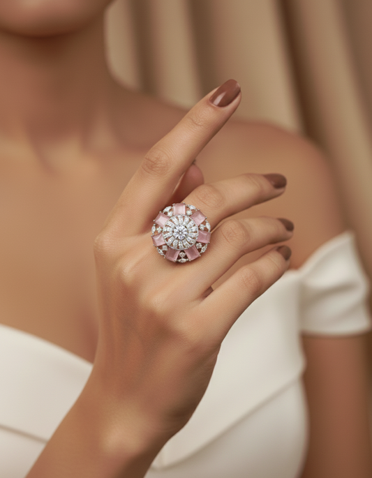 Pink & White Stone American Diamond Finger Ring