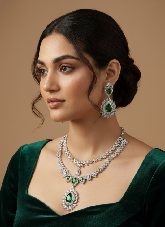 Green & White Stone American Diamond Necklace