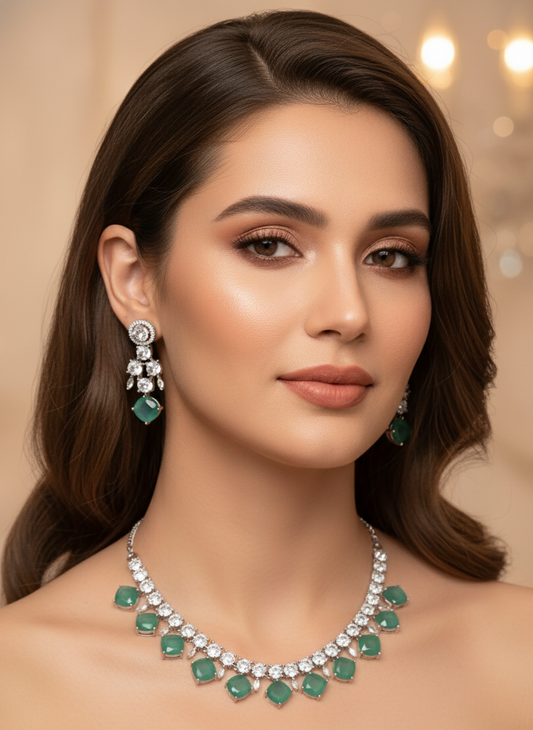 Pastel Green Stone American Diamond Necklace