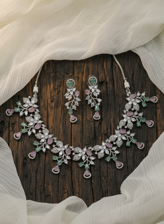 Pastel Green And Pink American Diamond Necklace